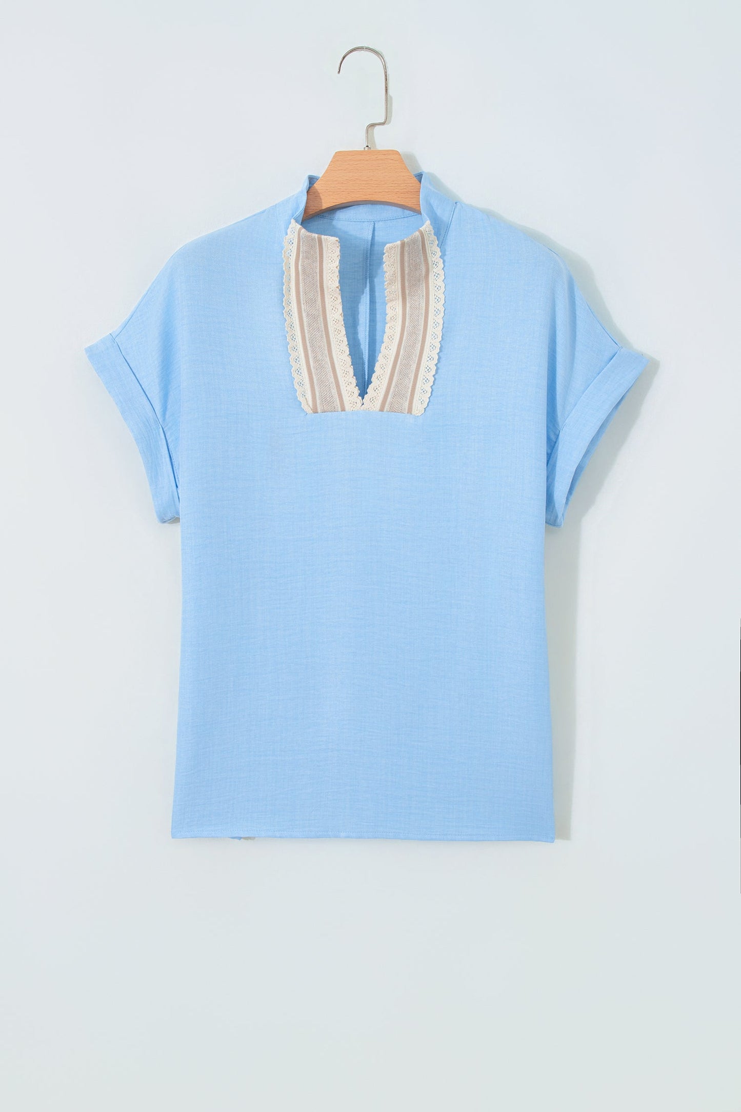 Crochet Lace Trim Rolled Short Sleeve Blouse