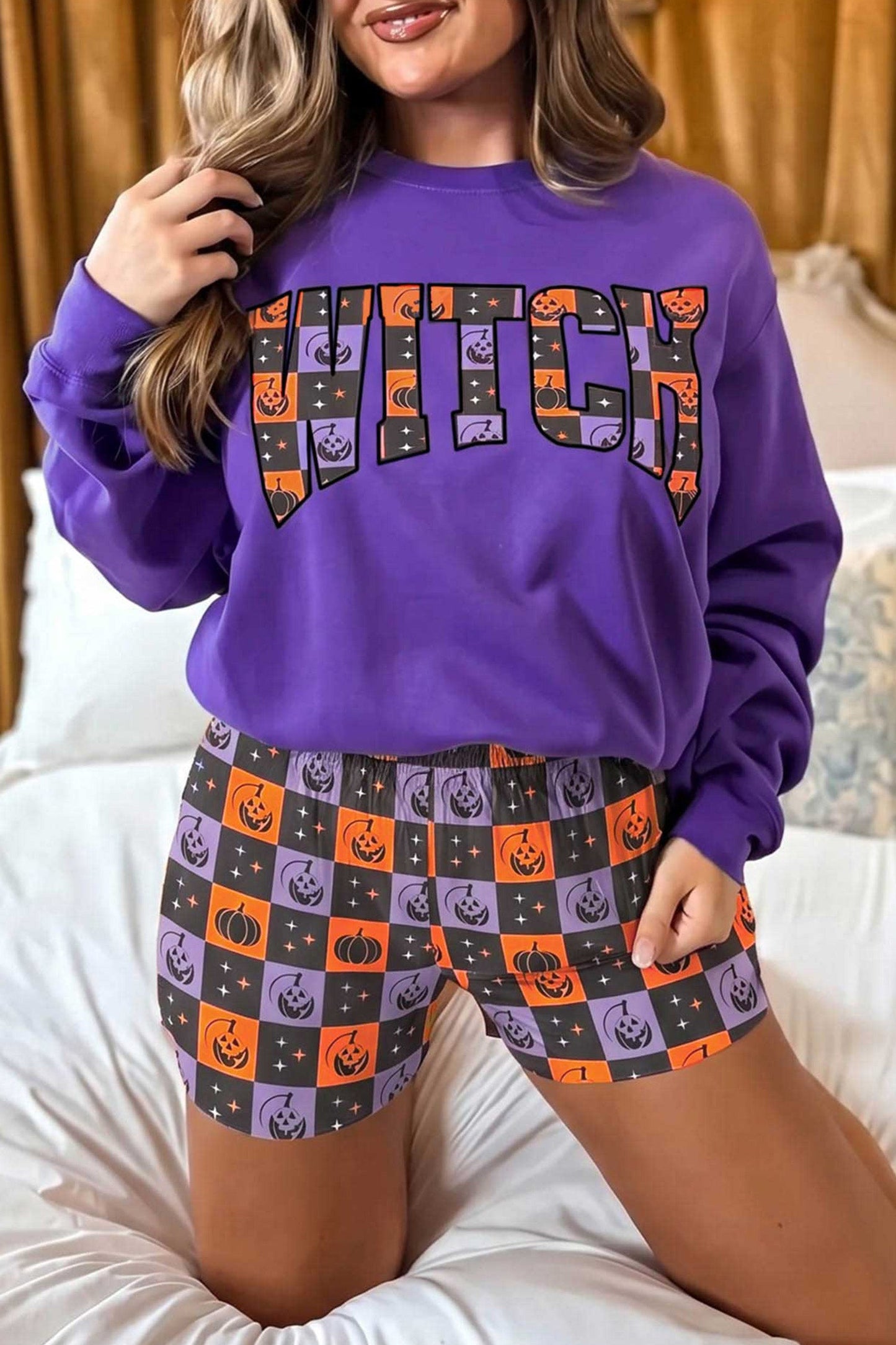 Halloween Witch Long Sleeve Top & Checker Shorts Set