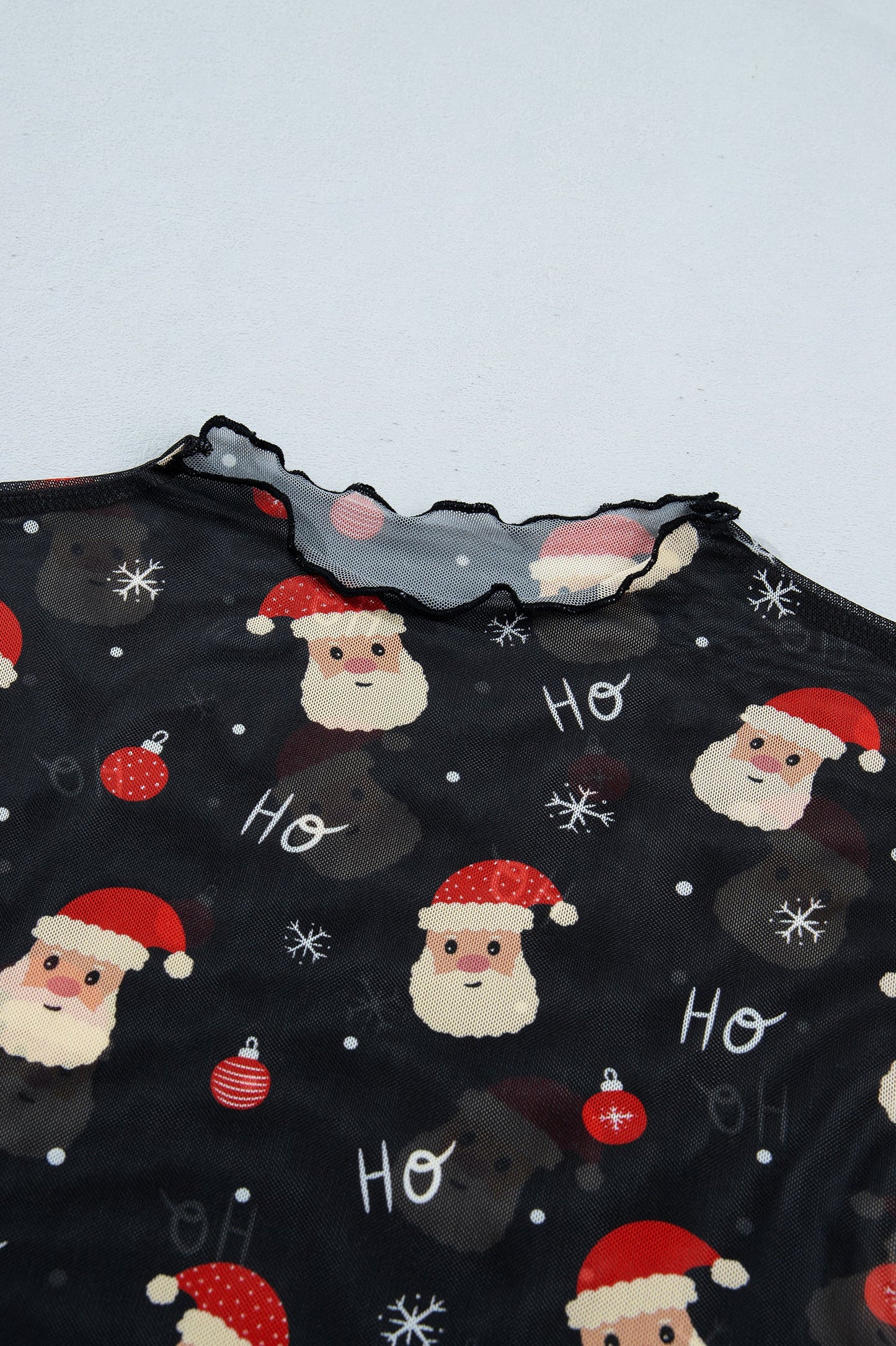 Santa Graphic Sheer Mock Neck Long Sleeve Mesh Top