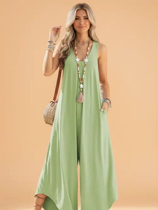 Solid Sleeveless V-Neck Wide Leg Jumpsuit
