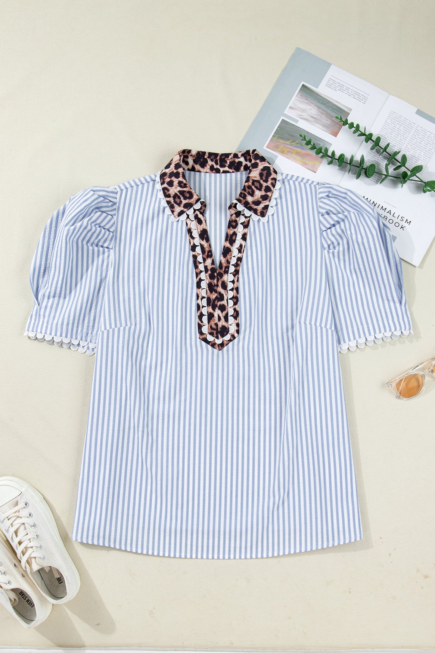 Plus Size Leopard Bubble Sleeve Blouse