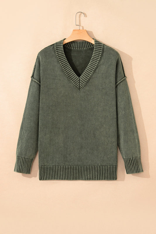 Mineral Wash Reverse Seam V-Neck Drop Shoulder Sweater