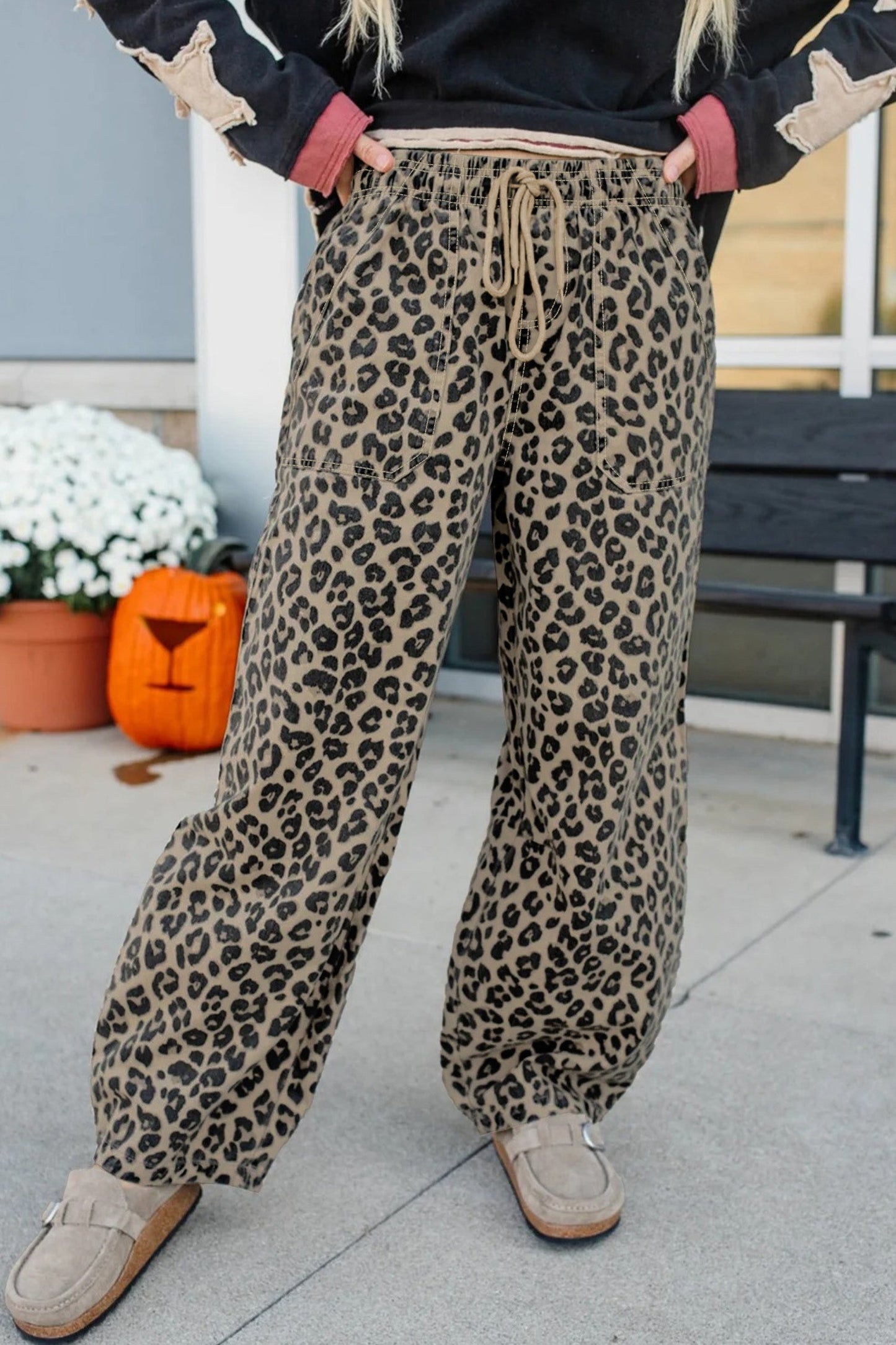 Leopard Denim Drawstring Elastic Waist Loose Pants