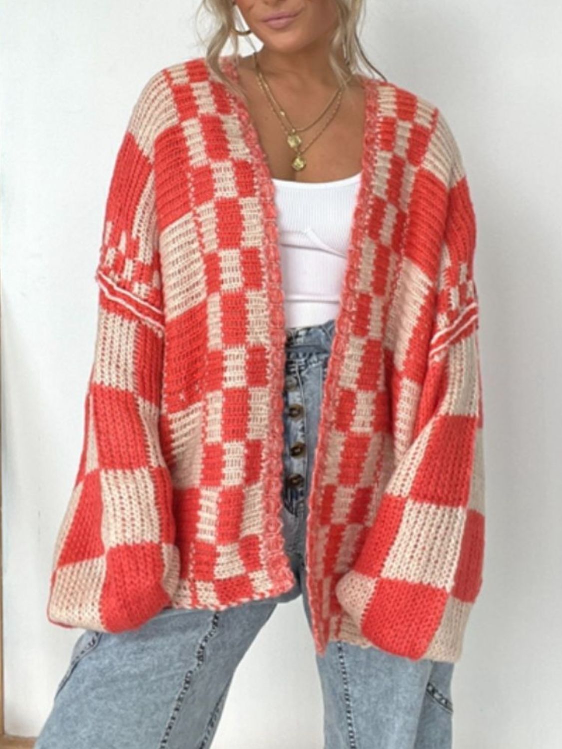 Women Plaid Open Front Long Sleeve Cardigan