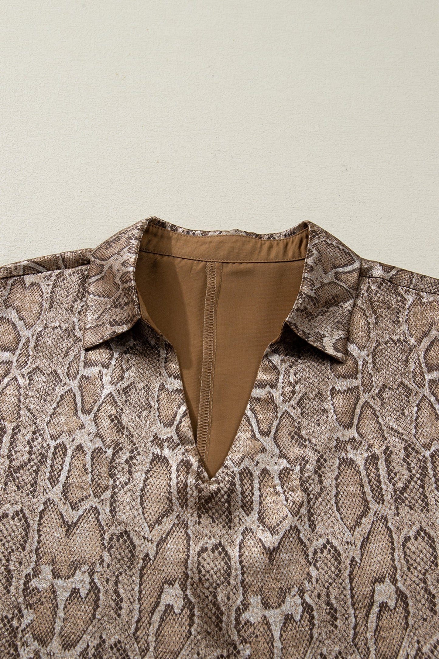 Snake Skin Metallic Polo Collared V-Neck Blouse