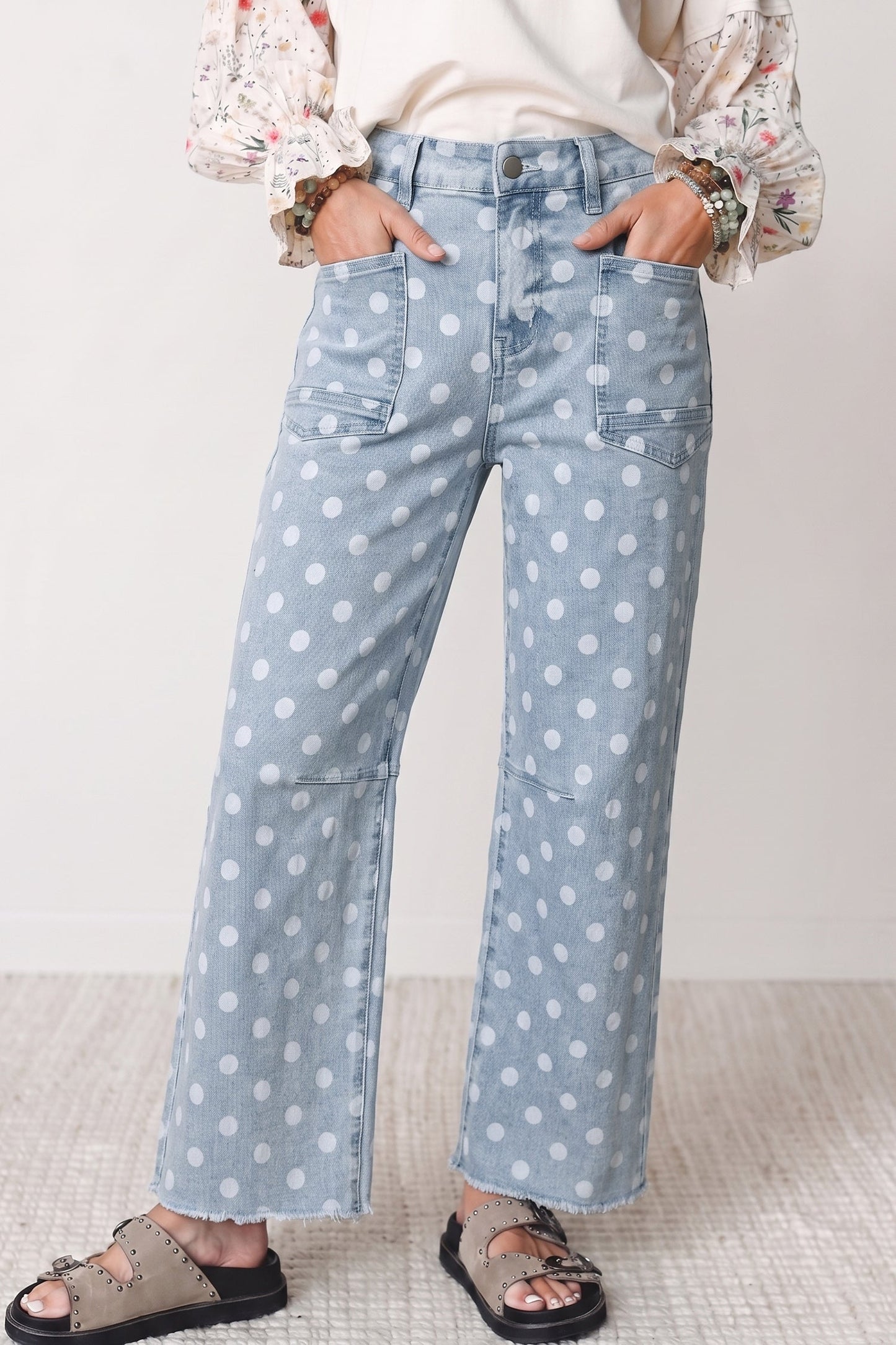 Polka Dot Denim Raw Hem Barrel Jeans