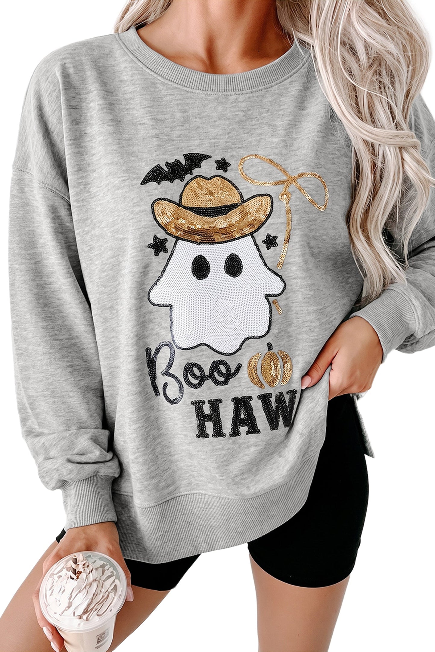 Halloween Western Ghost Sequin Graphic Long Sleeve Sweatshirt