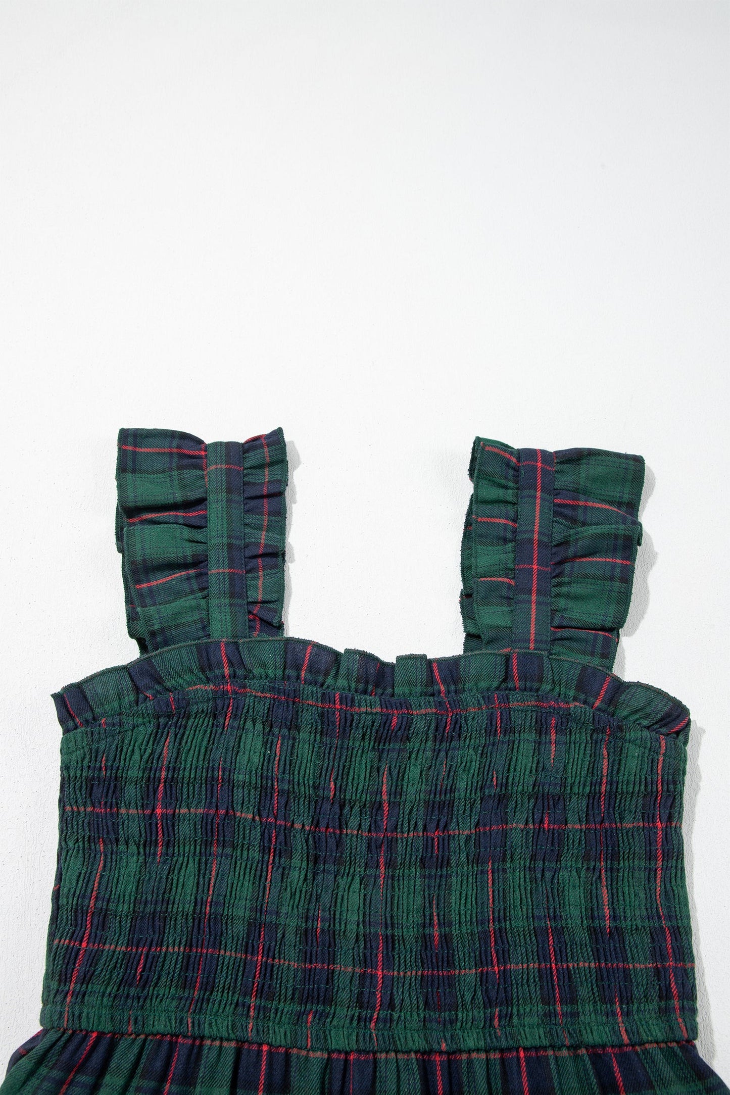 Plaid Ruffle Sleeveless Shirred Tiered Midi Dress