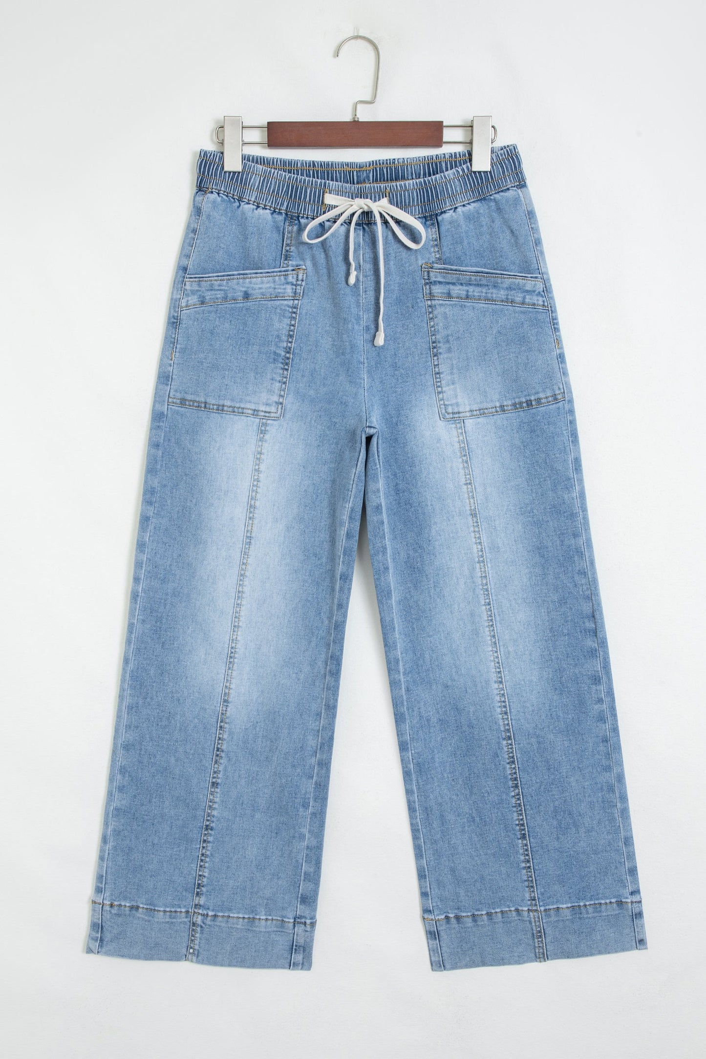 Denim Contrast Drawstring Waist Wide Leg Jeans
