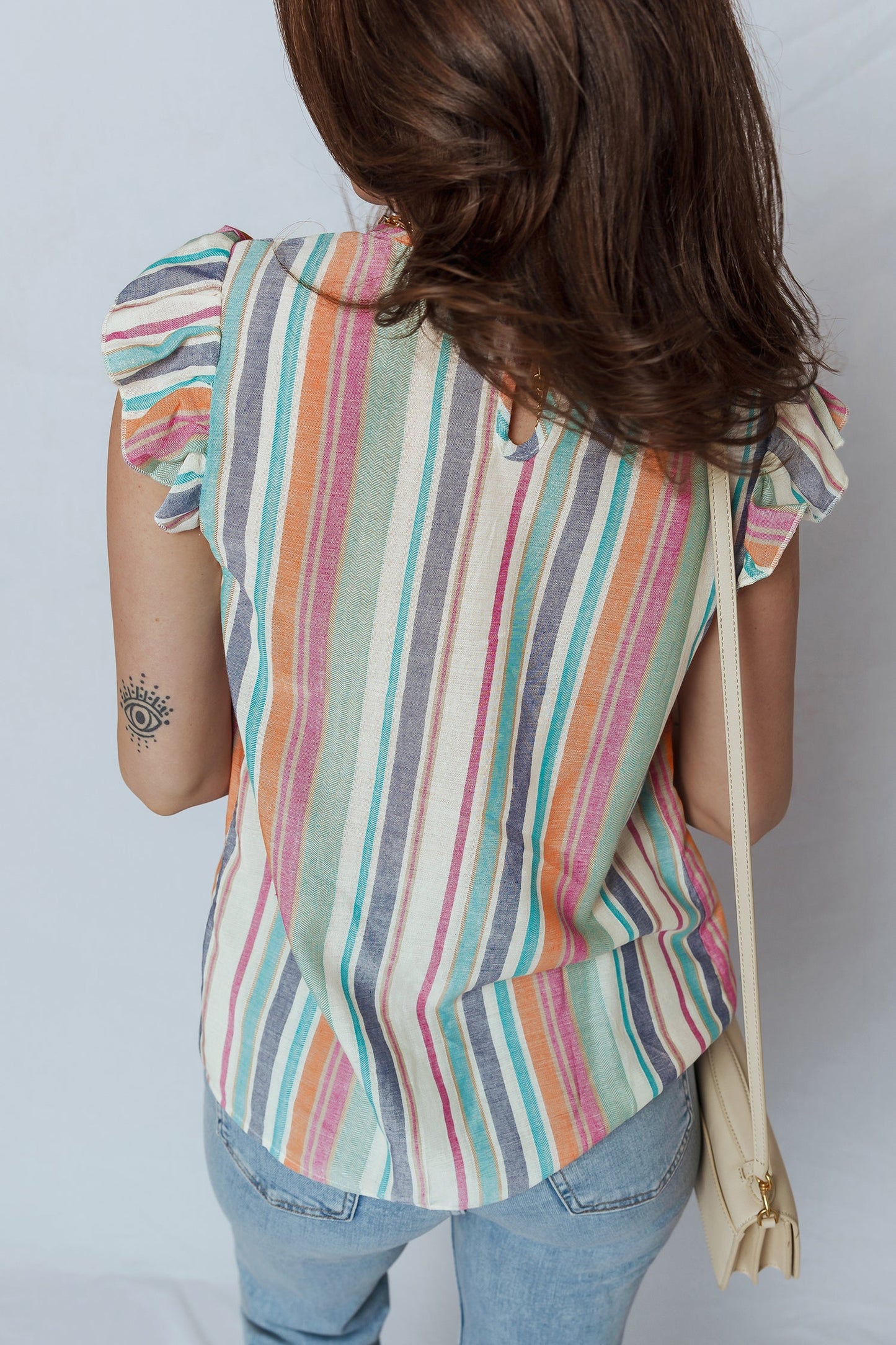 Stripe Daisy Lace Trim Flutter Sleeve Blouse