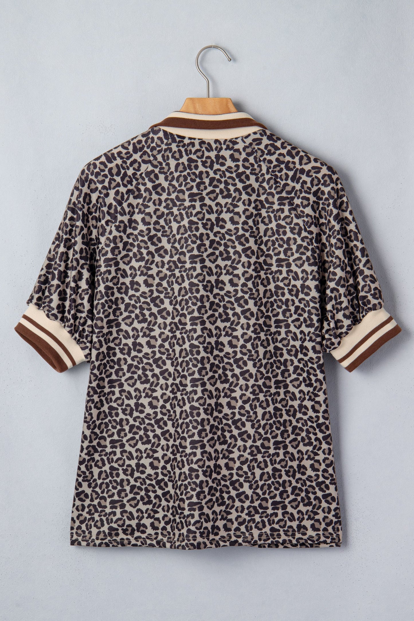 Leopard Half Zip Stripe Trim Short Sleeve Top
