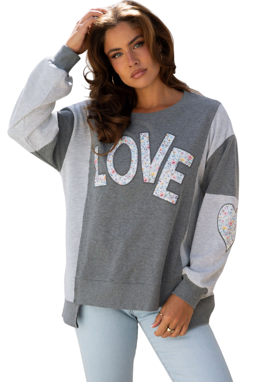 Floral LOVE Reverse Seam Patchwork Long Sleeve Sweatshirt
