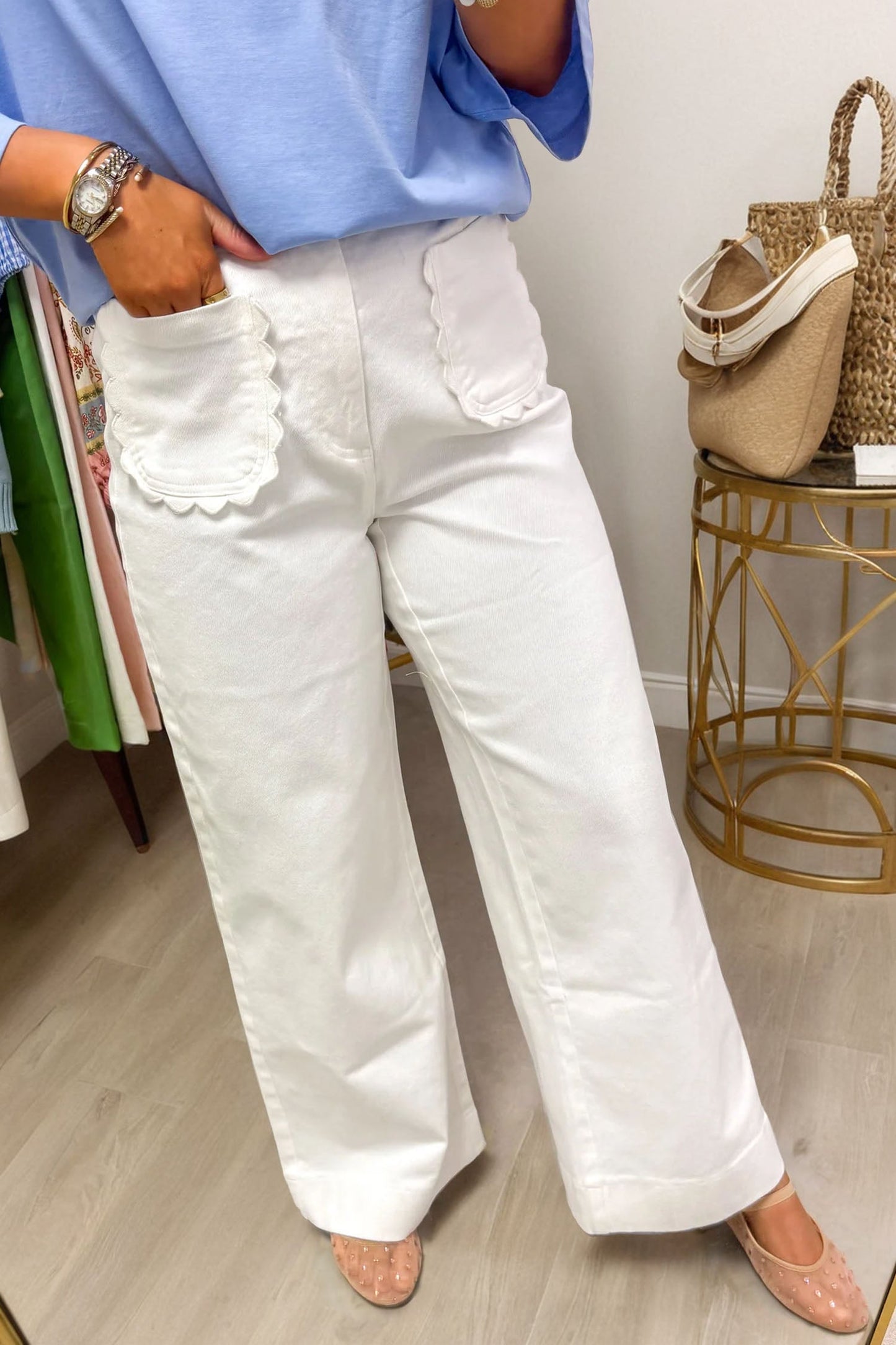 Solid Denim Scalloped Patch Pocket Shift Jeans