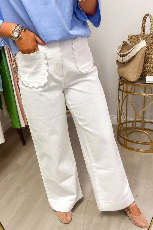 Solid Denim Scalloped Patch Pocket Shift Jeans