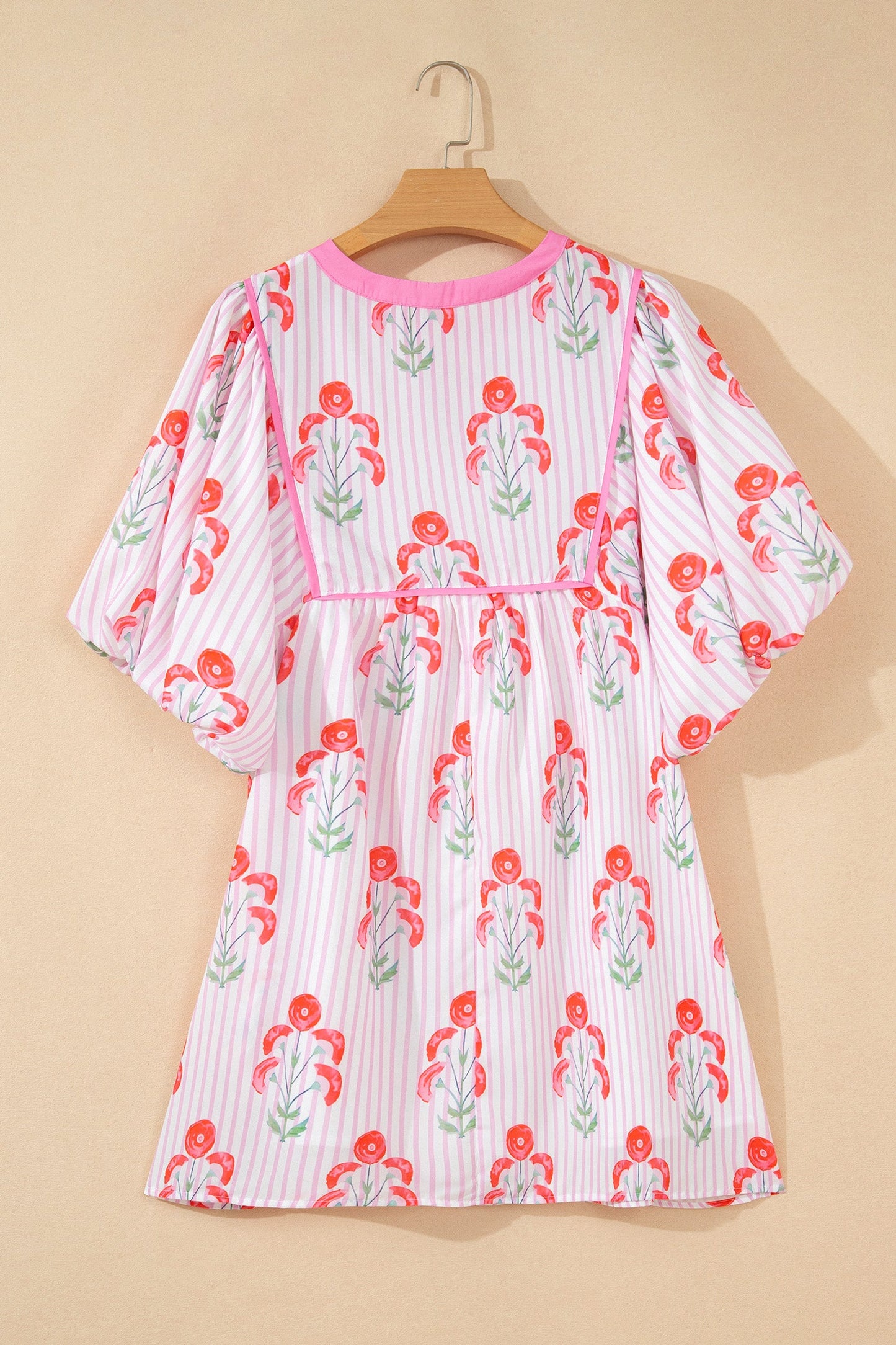 Floral Stripe Tie Neck Puff Sleeve Mini Dress