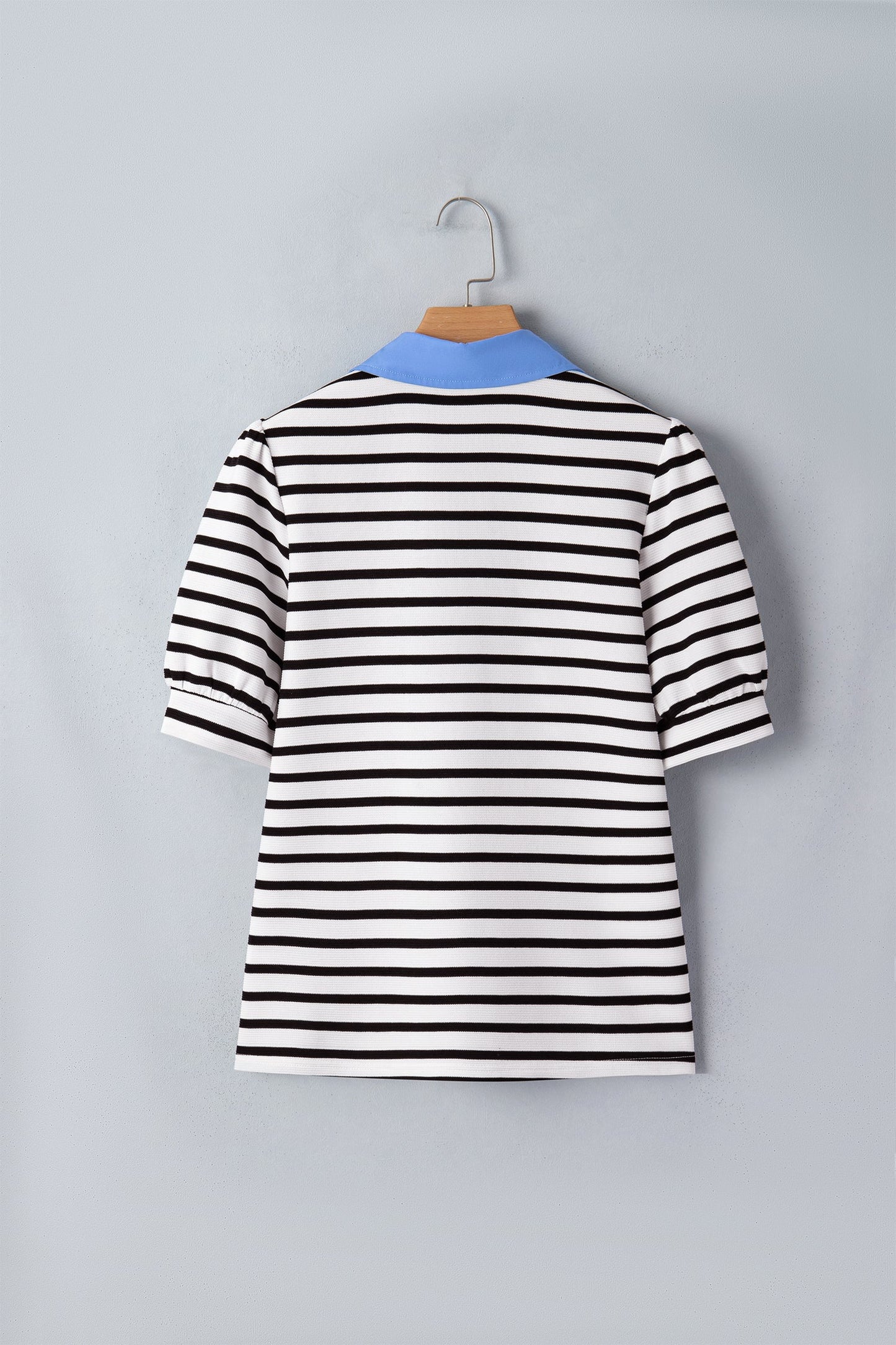 Stripe Colorblock Puff Sleeve Polo Collar Blouse