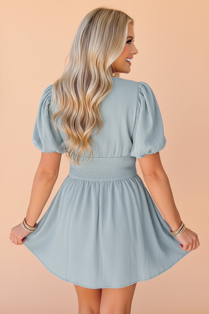 Solid Textured Zip Up V-Neck Mini Dress