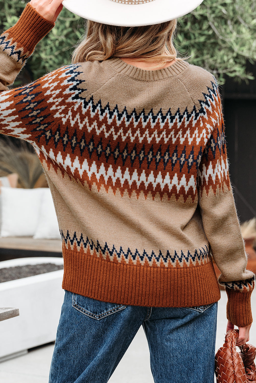Western Aztec Geometric Colorblock Crewneck Sweater