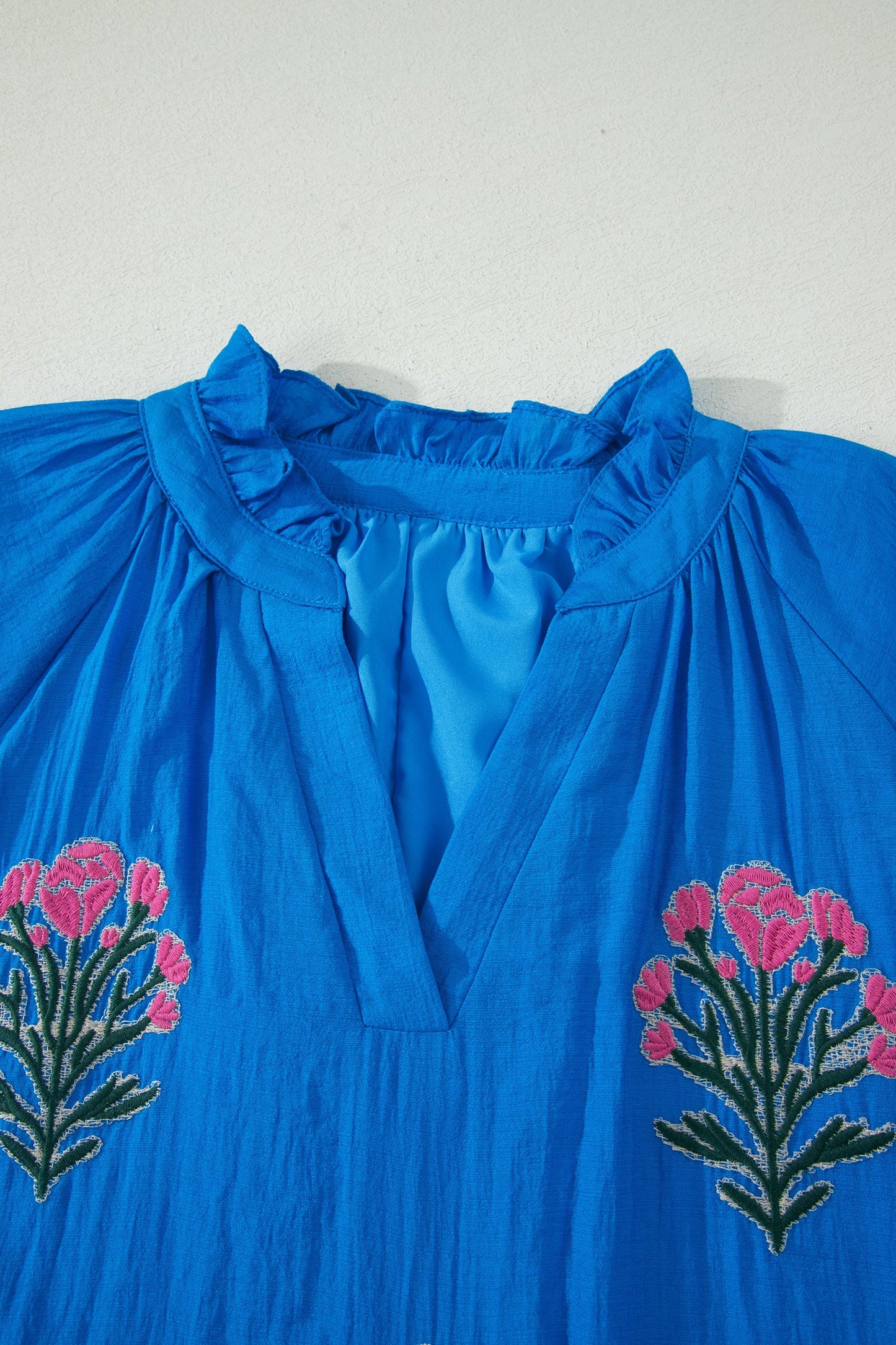 Flower Embroidered Puff Sleeve Ruffle Hem Dress
