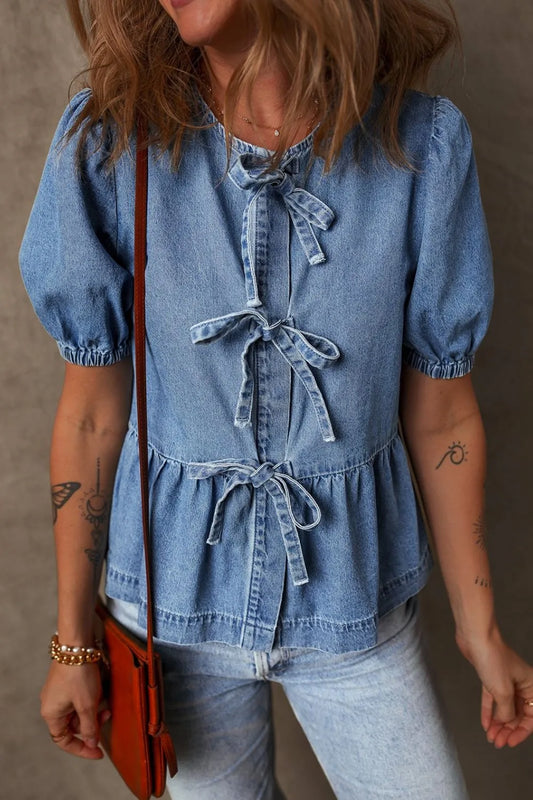 Tied Front Puff Sleeve Peplum Denim Shirt