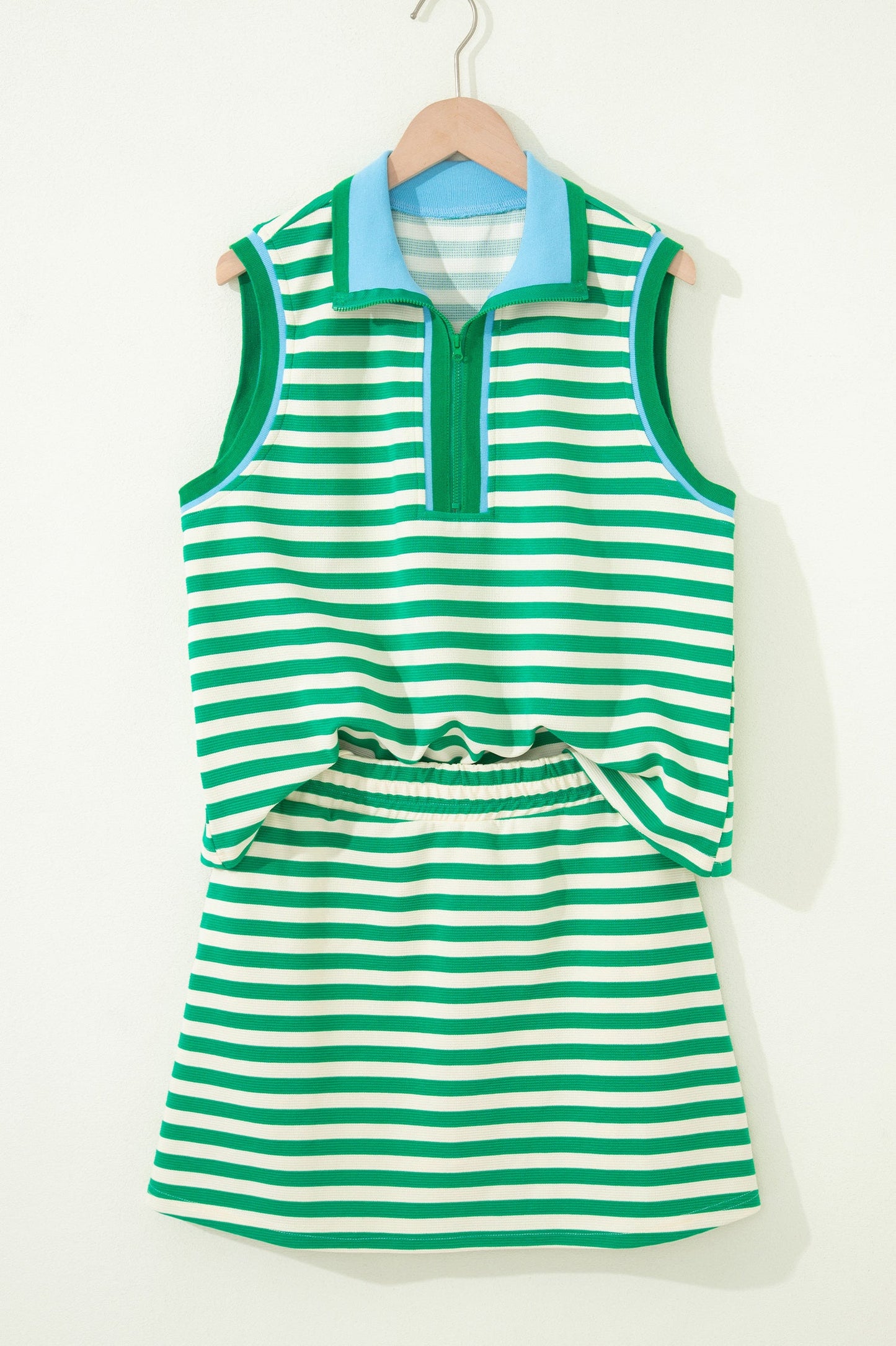 Stripe Textured Zip Collar Top & Skort Set
