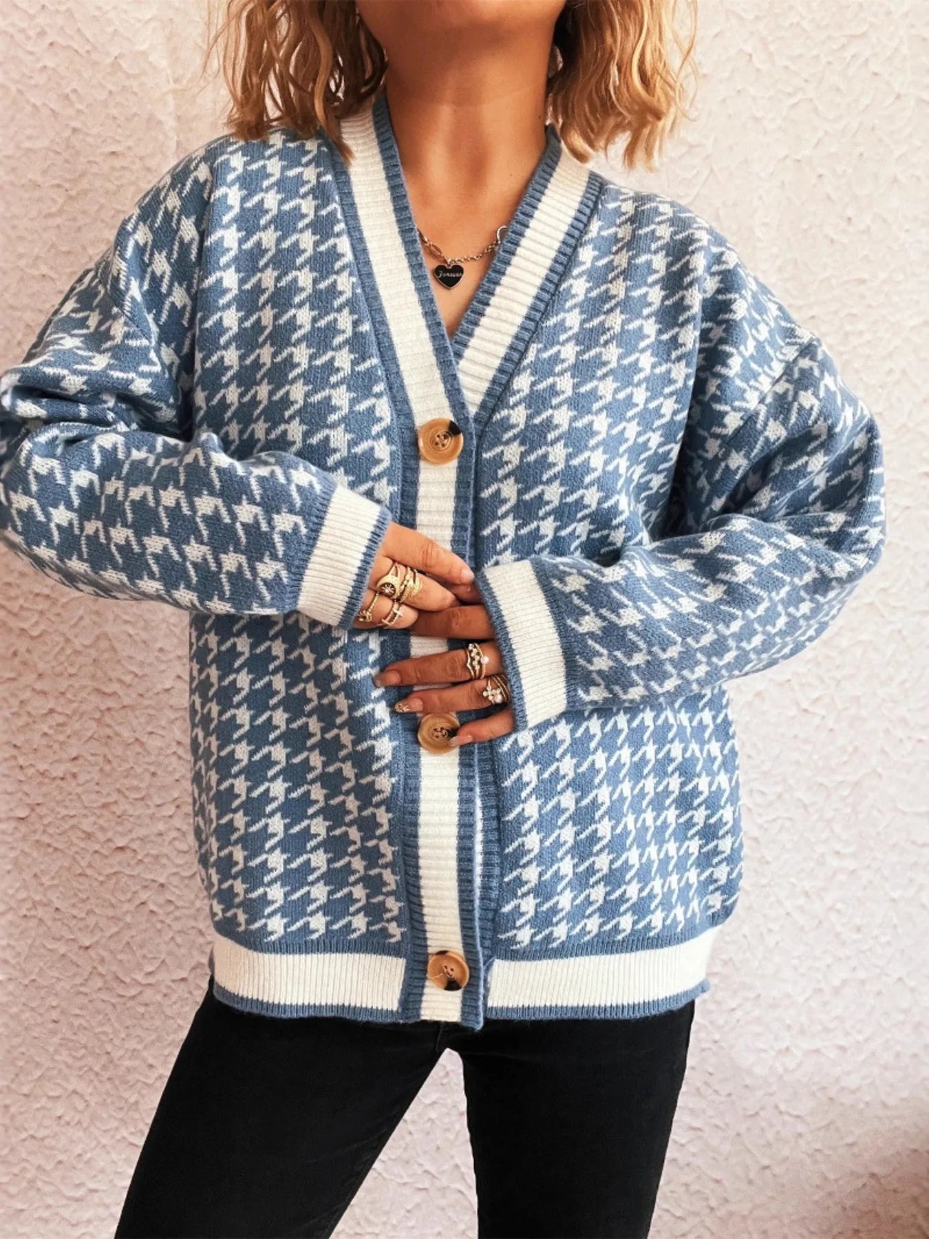 Women Houndstooth Pattern V-Neck Button-Up Cardigan Sweater
