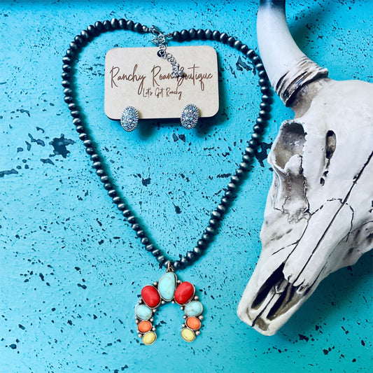 Multi Colored Blossom Shape Pendant with Navajo Style Necklace