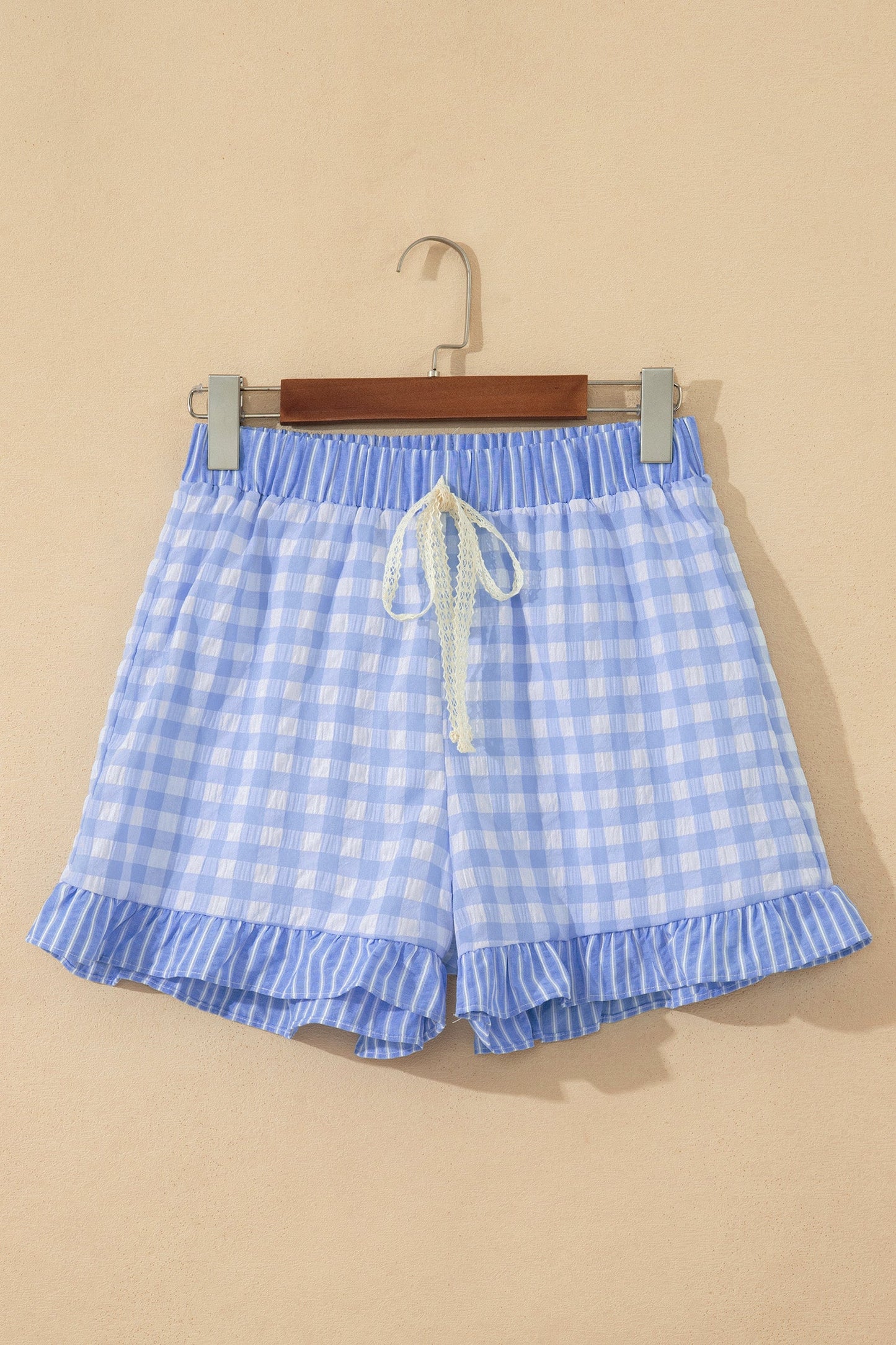 Gingham Ruffle Stripe Patchwork Lace Tie Shorts