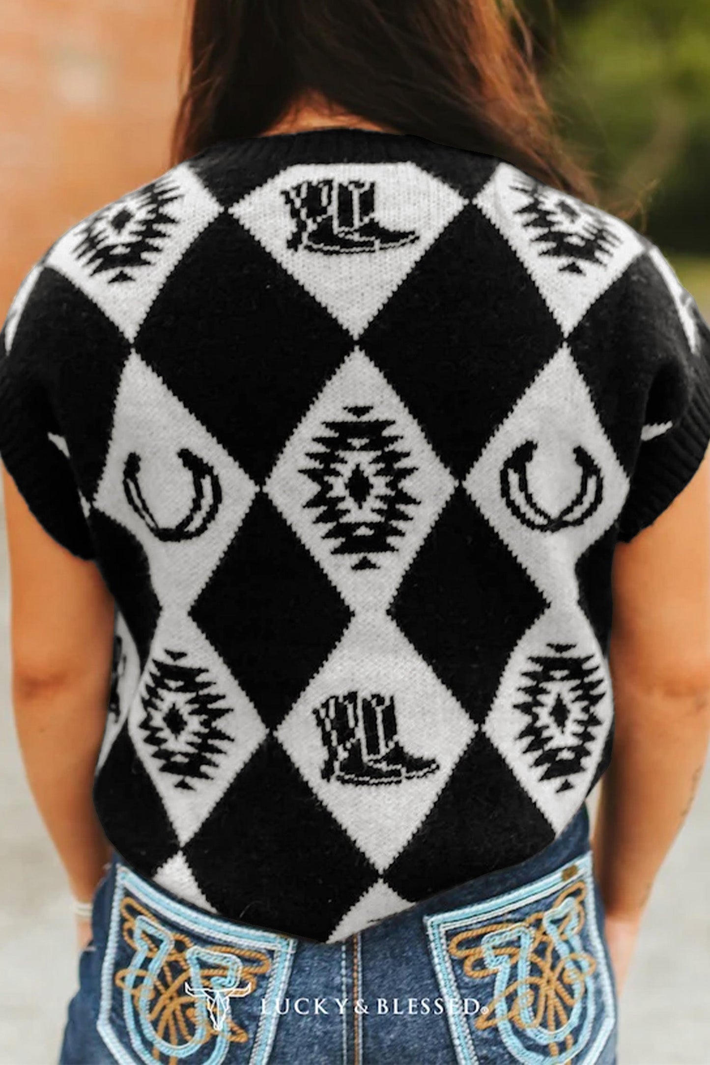 Western Retro Rhombus Short Sleeve Knit Top