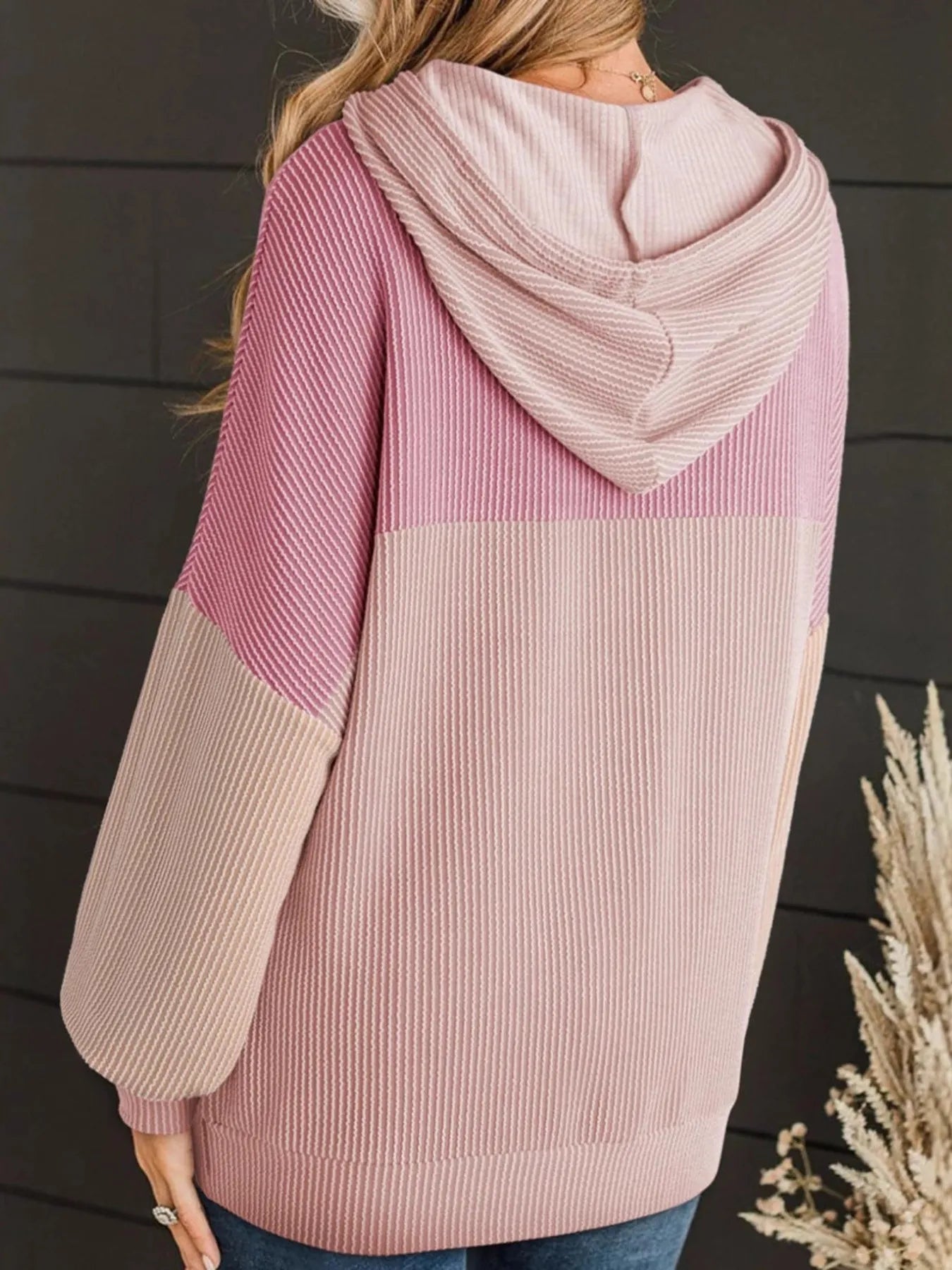 Women Drawstring Color Block Long Sleeve Hoodie