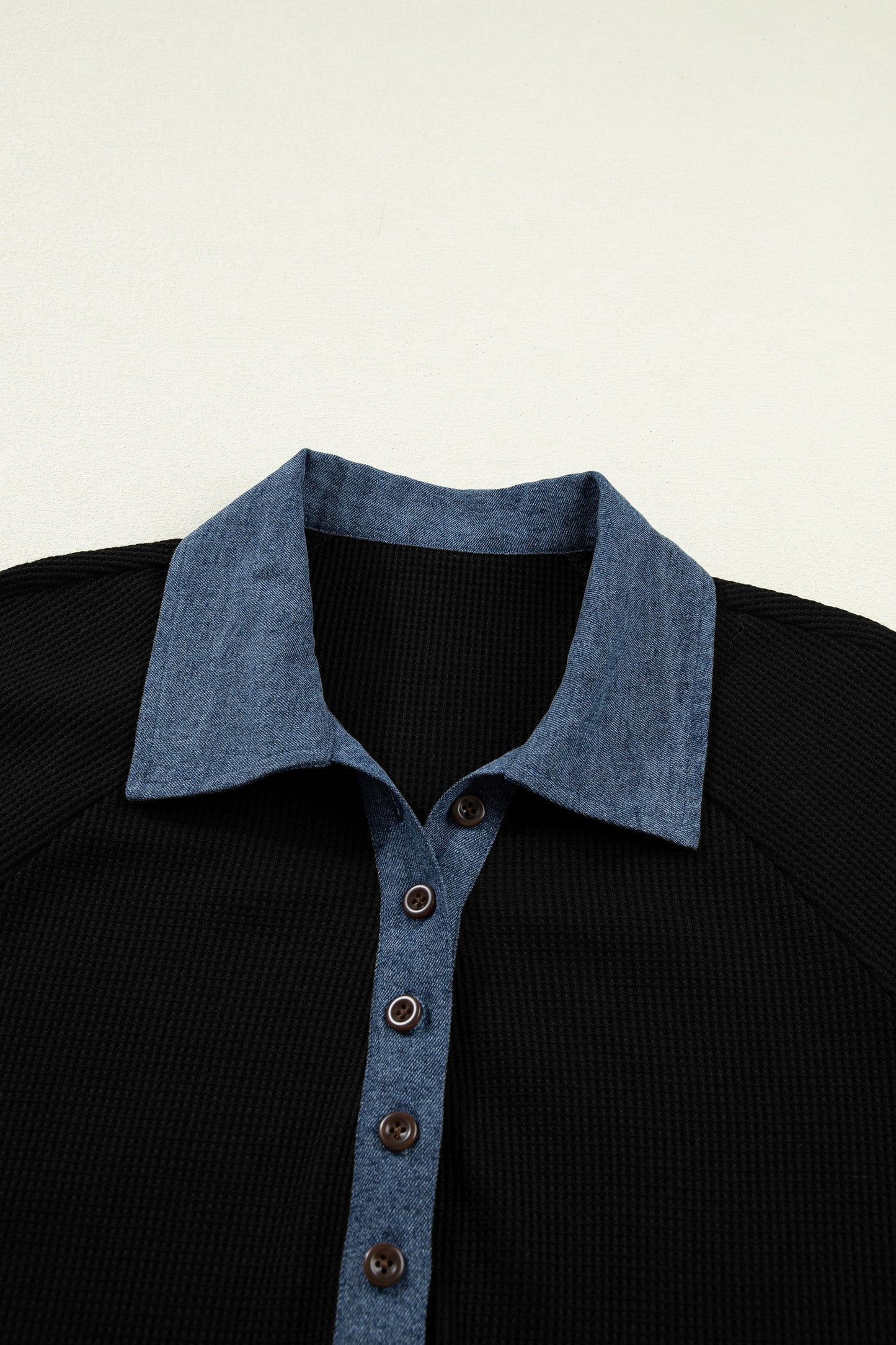 Denim Patchwork Textured Knit Polo Collar Top