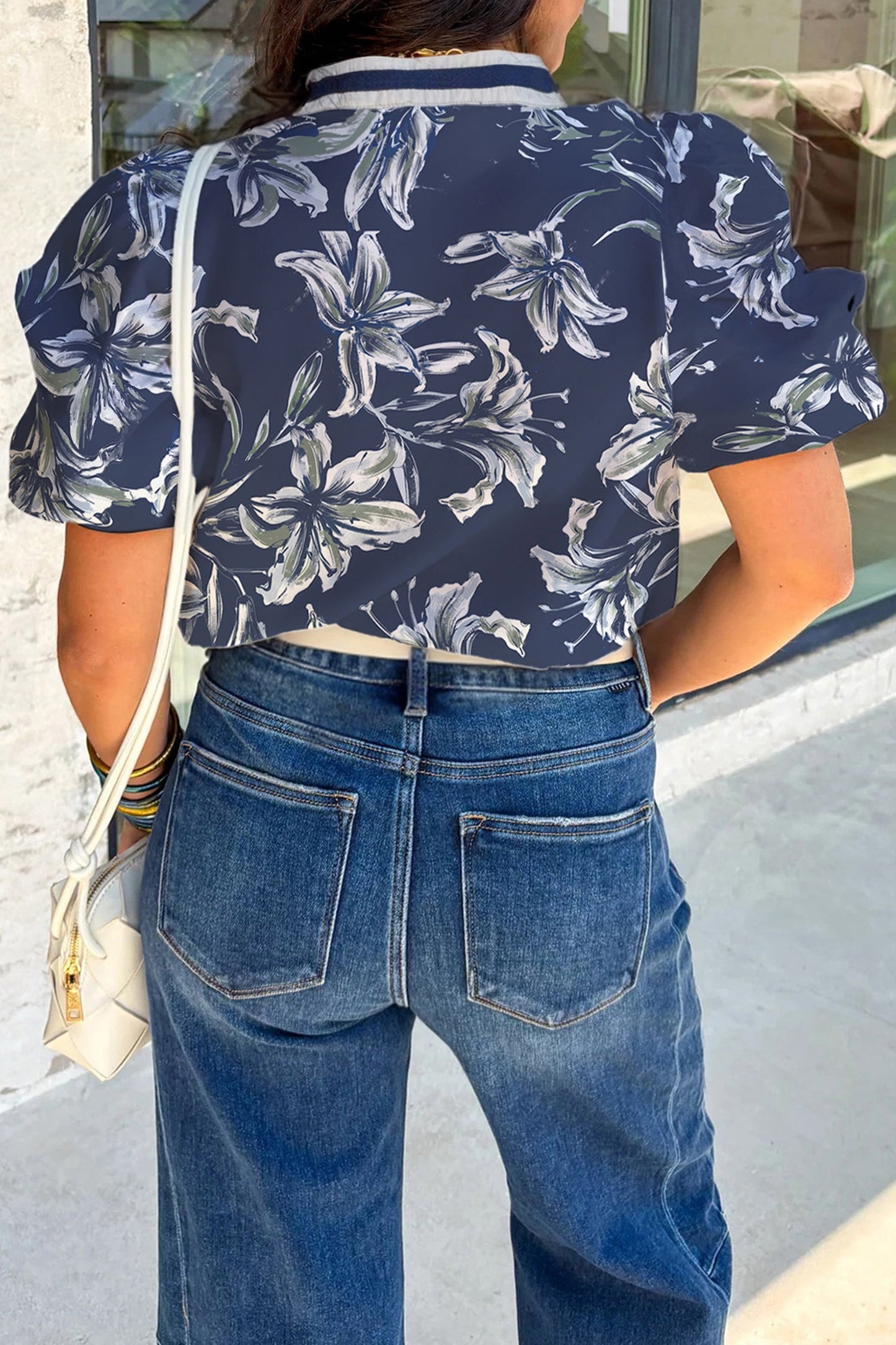 Floral Stripe Trim Puff Sleeve V-Neck Blouse