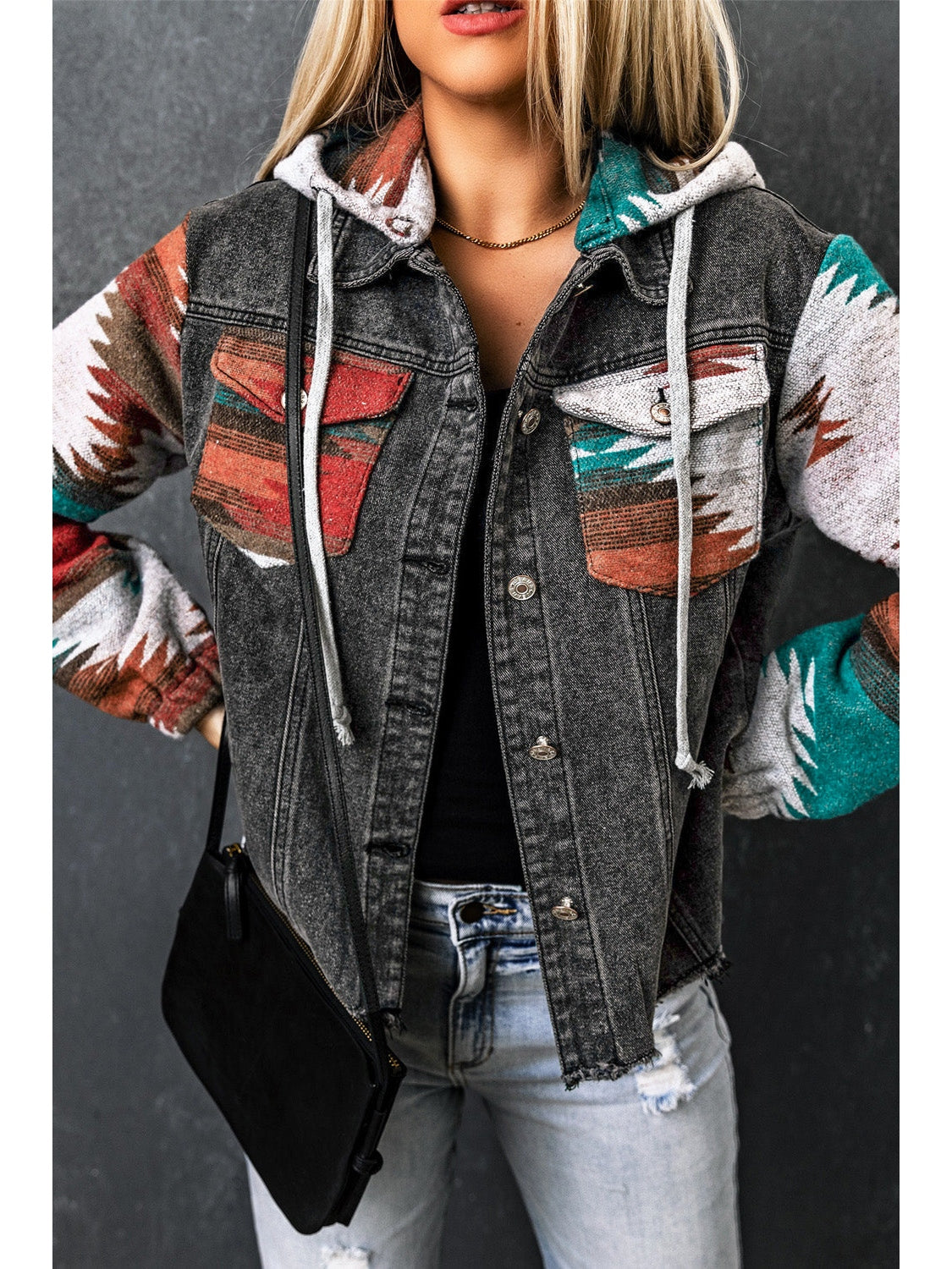 Women Drawstring Hooded Pocketed Denim Jacket