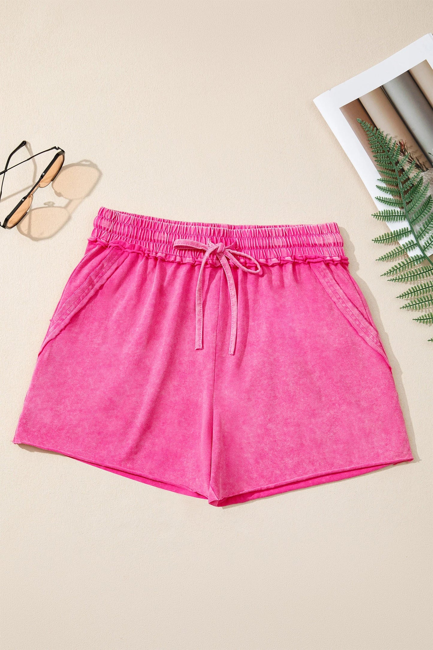 Mineral Wash Drawstring Elastic Waist Raw Edge Shorts