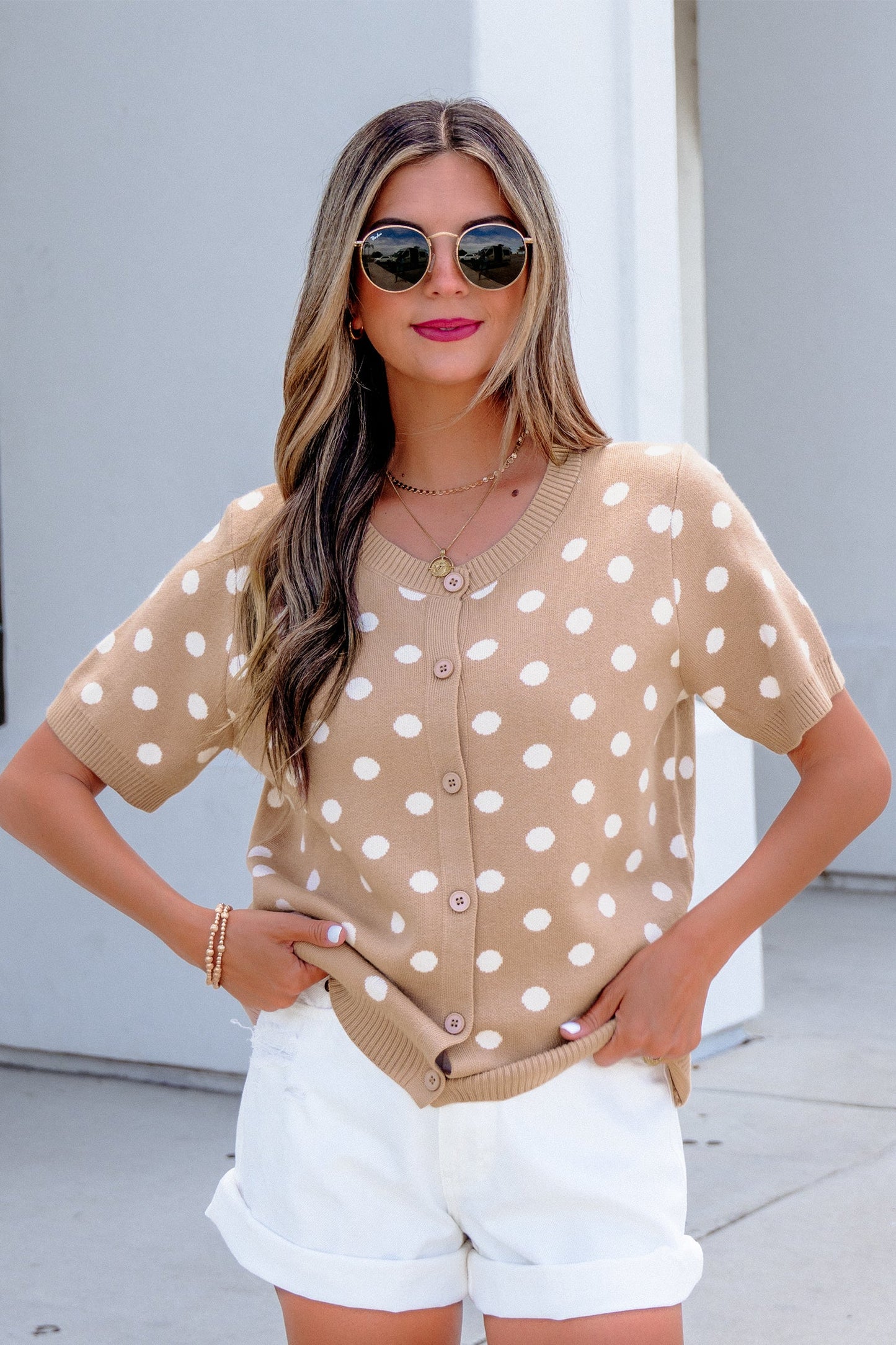 Polka Dot Short Sleeve Buttoned Sweater Cardigan