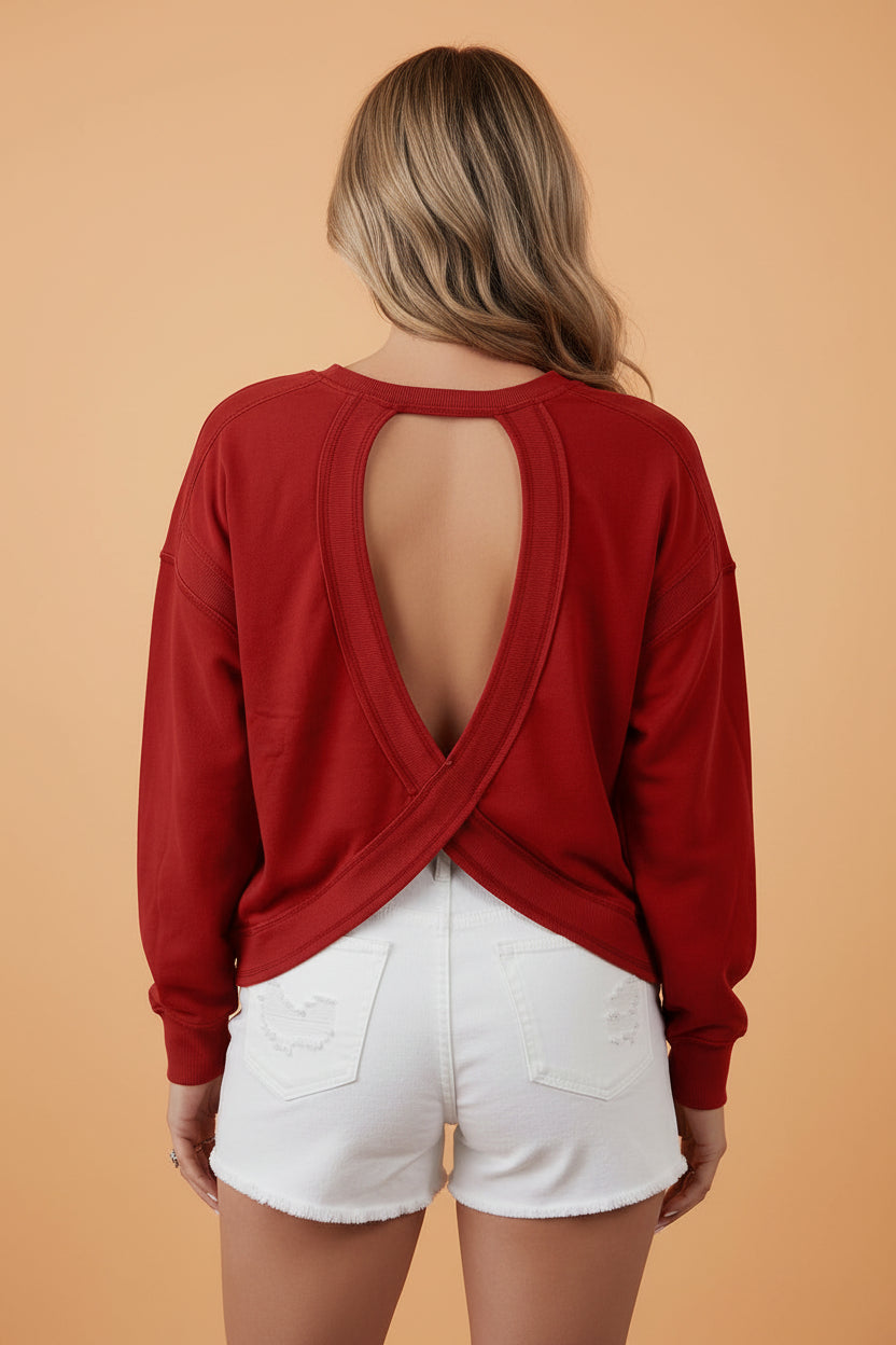 Solid Ribbed Long Sleeve Drop Shoulder Cutout Back Sweatshirt