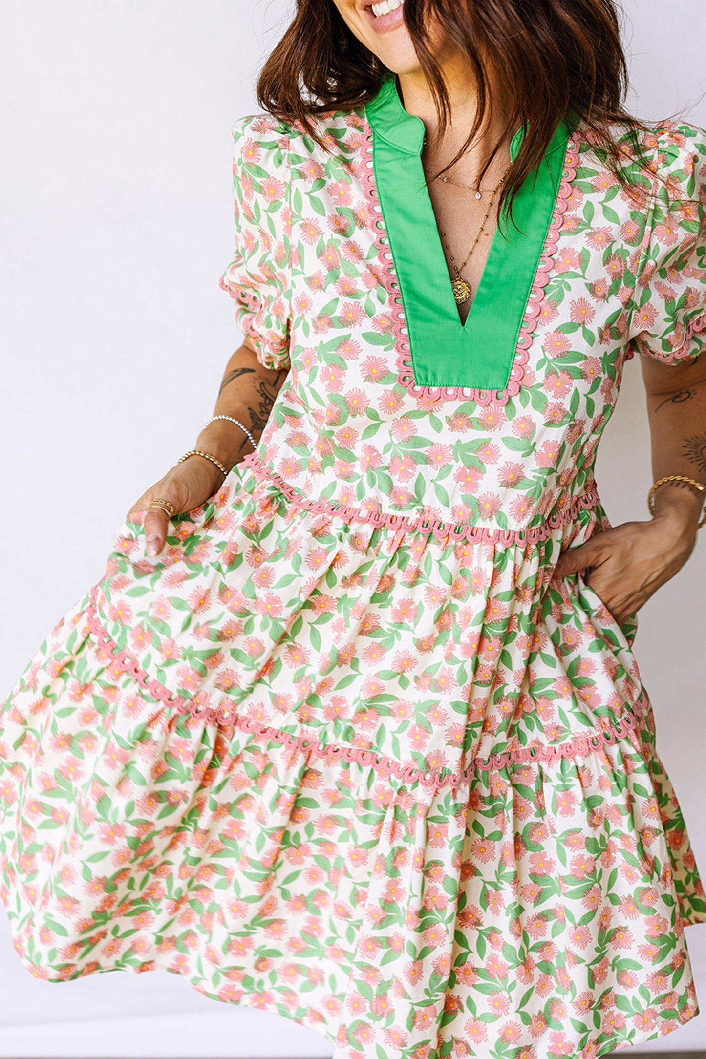 Floral Ricrac Trim Contrast V-Neck Puff Sleeve Dress