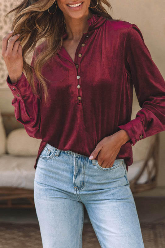 Solid Velvet Button Front Top