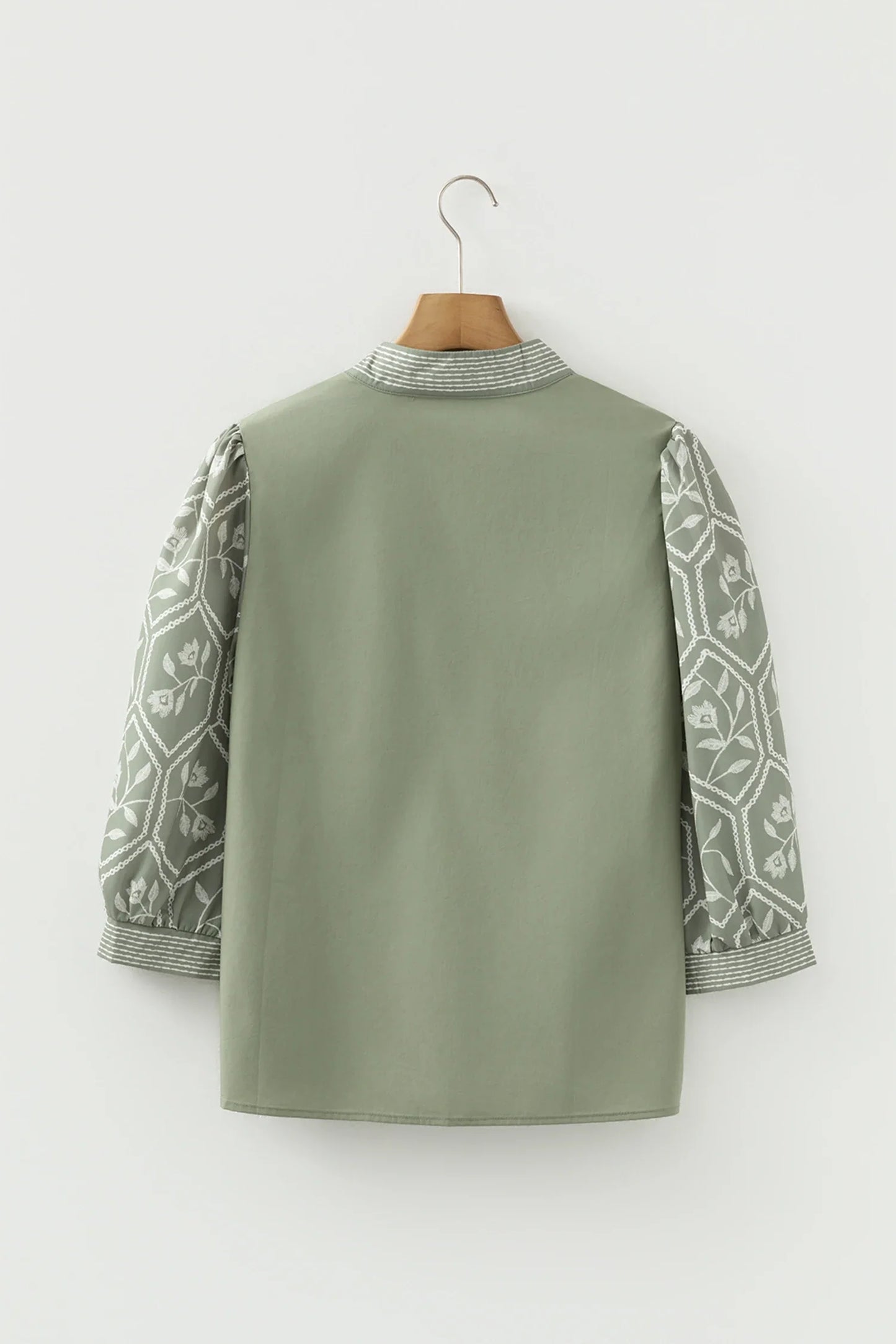 Floral Patchwork Contrast V-Neck Puff Sleeve Blouse