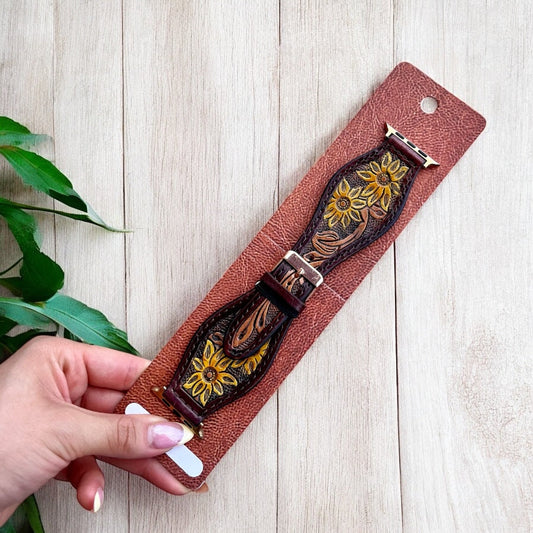 45mm sunflower hand tooled Apple Watch band