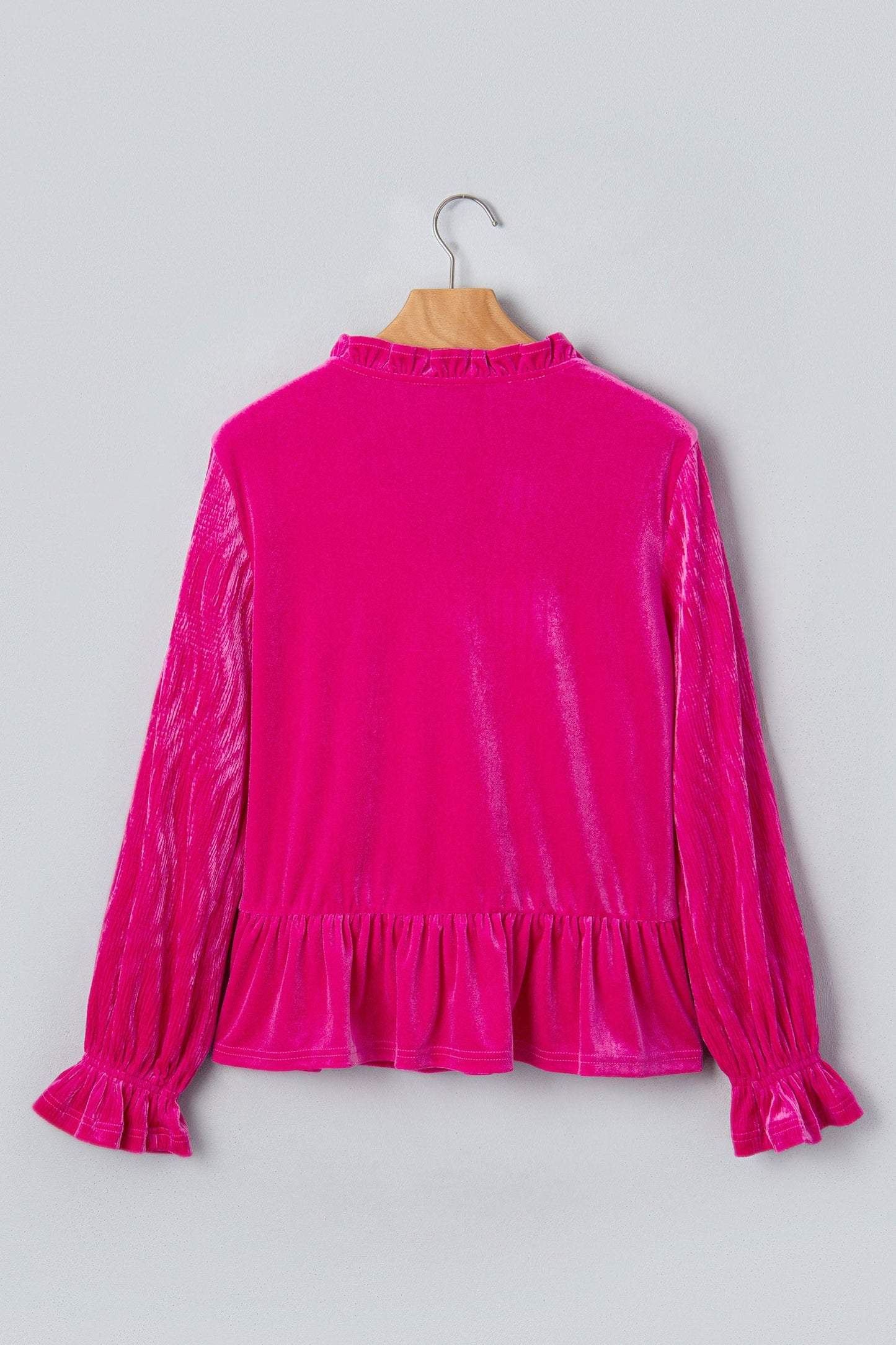 Solid Velvet V-Neck Ruffle Cuff Long Sleeve Top
