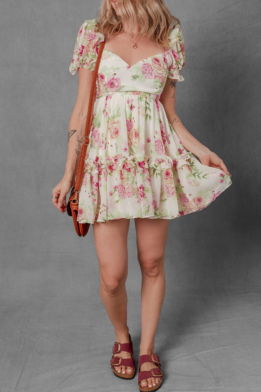 Floral Ruffle Sweetheart Mini Dress