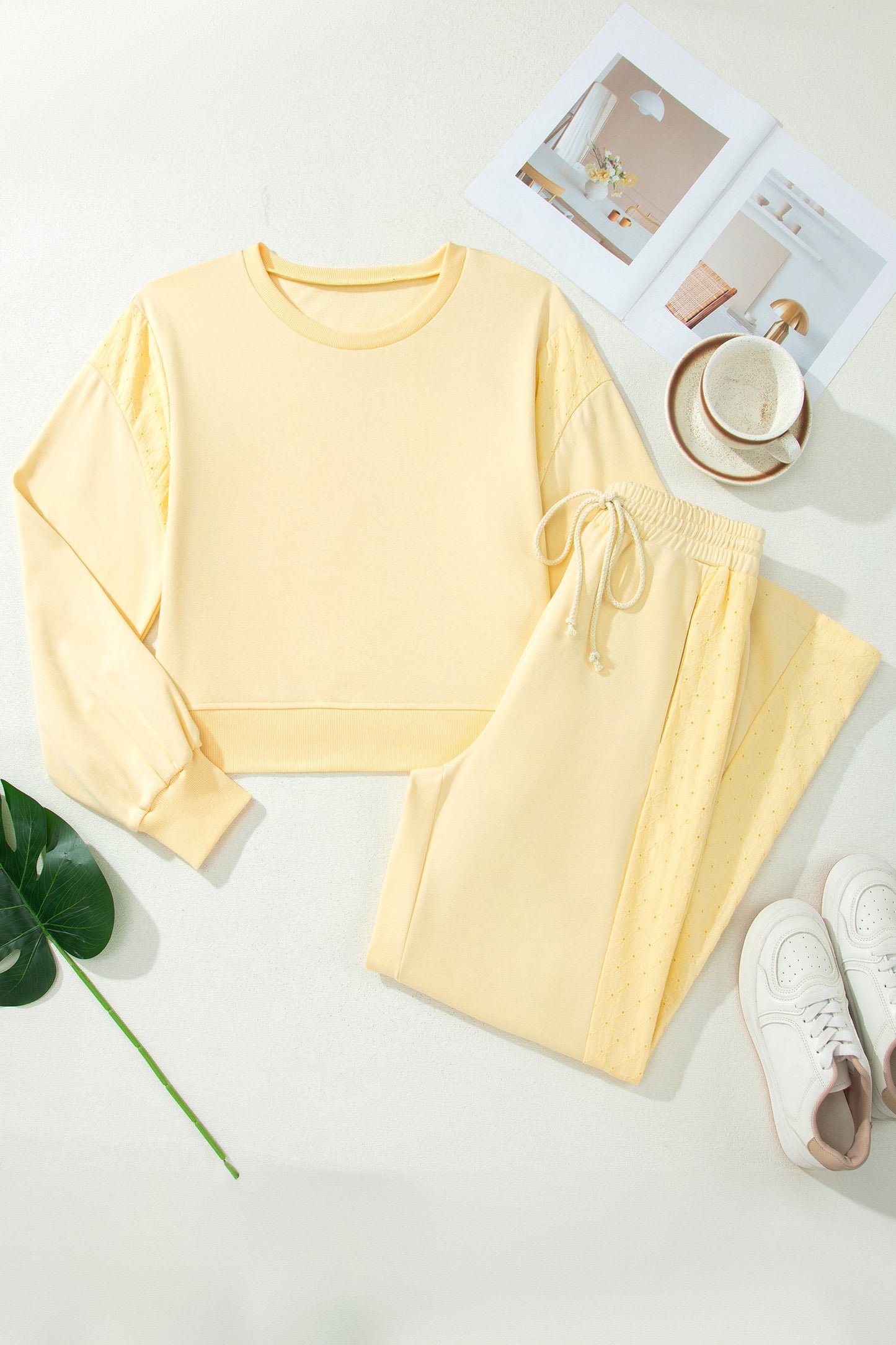Solid Eyelet Embroidered Pullover & Drawstring Pants Set