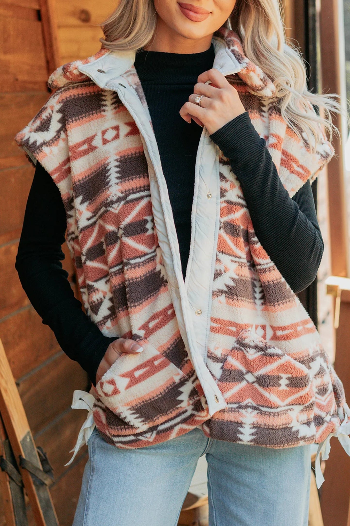 Aztec Fleece Buttoned Placket Side Tie Vest