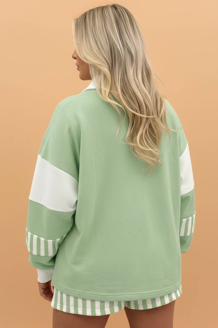 Stripe Colorblock Pullover Top & Drawstring Shorts Set