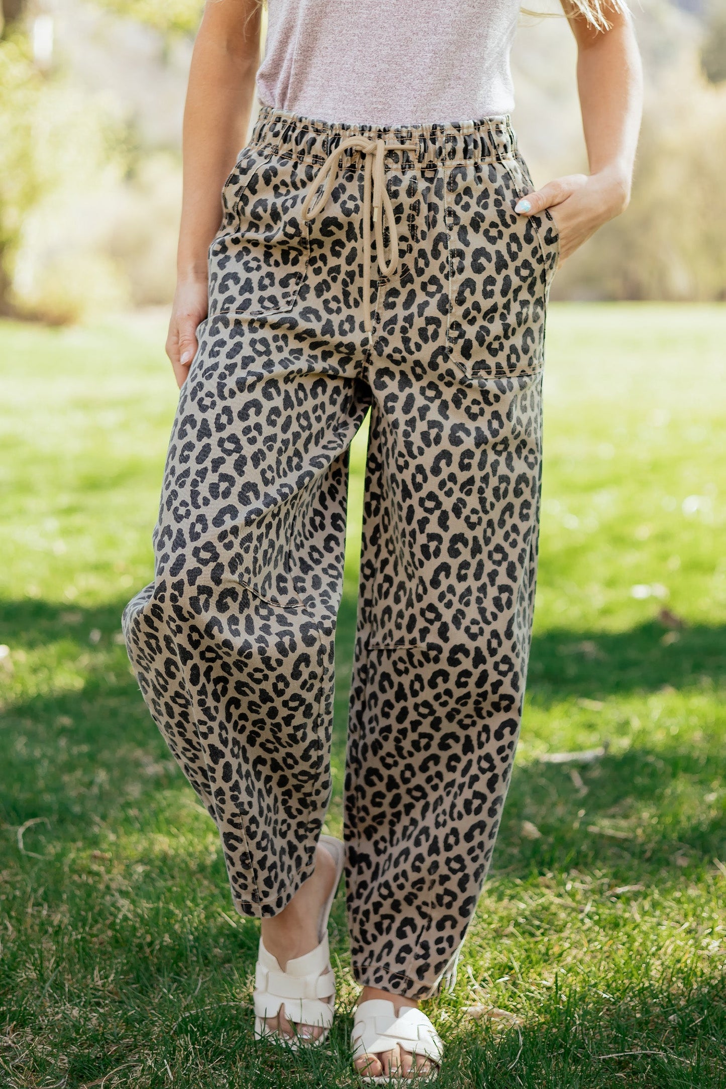 Leopard Denim Drawstring Elastic Waist Loose Pants