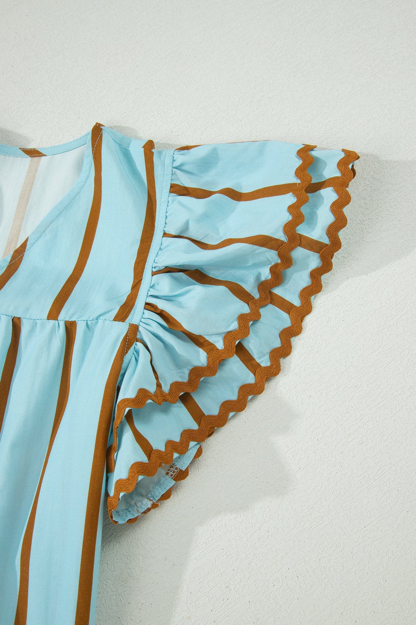 Stripe Ricrac Trim Double Ruffle Short Sleeve Blouse