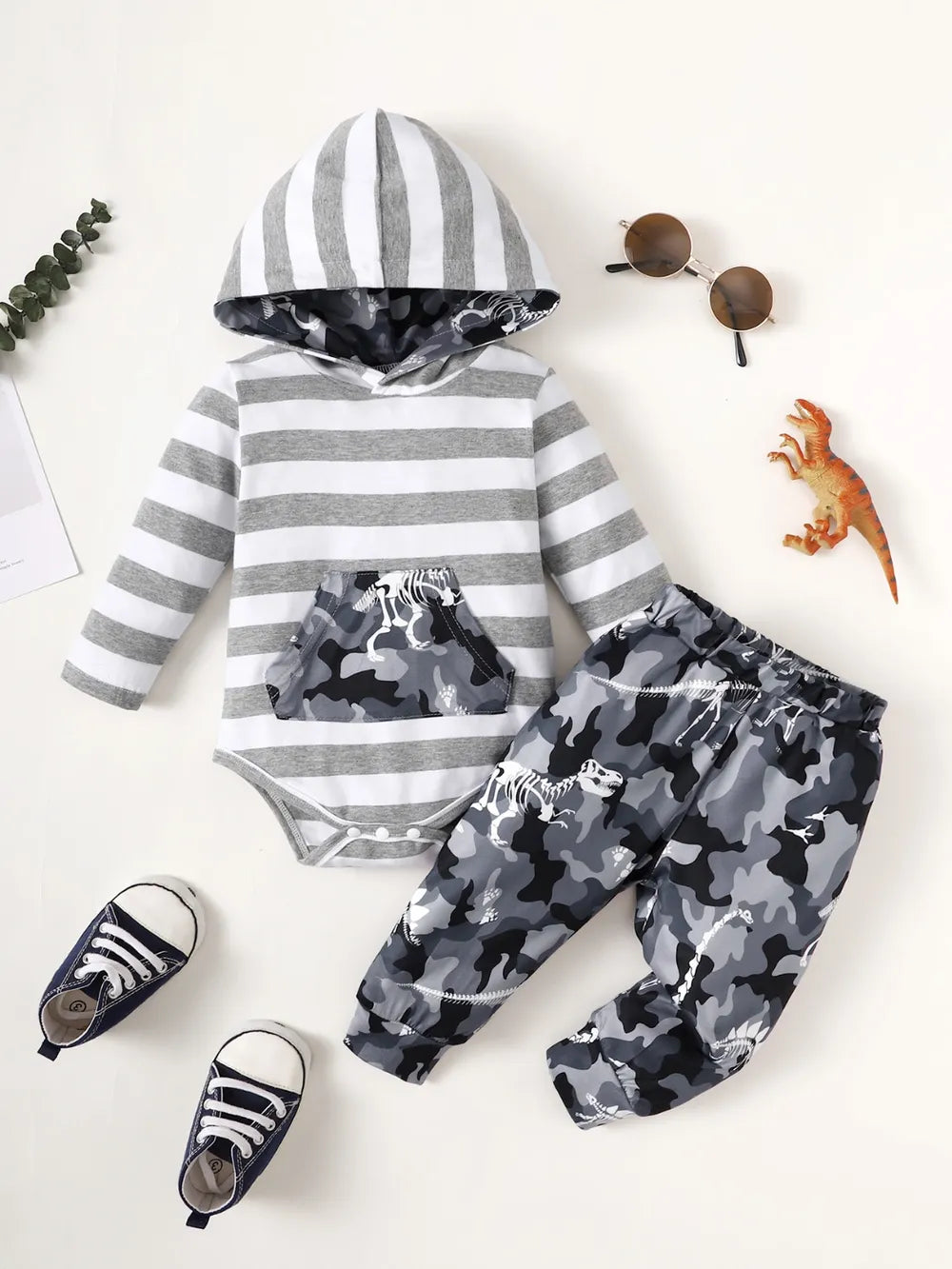 Baby and Toddler Girls Striped Hooded Bodysuit and Camouflage Pants Set