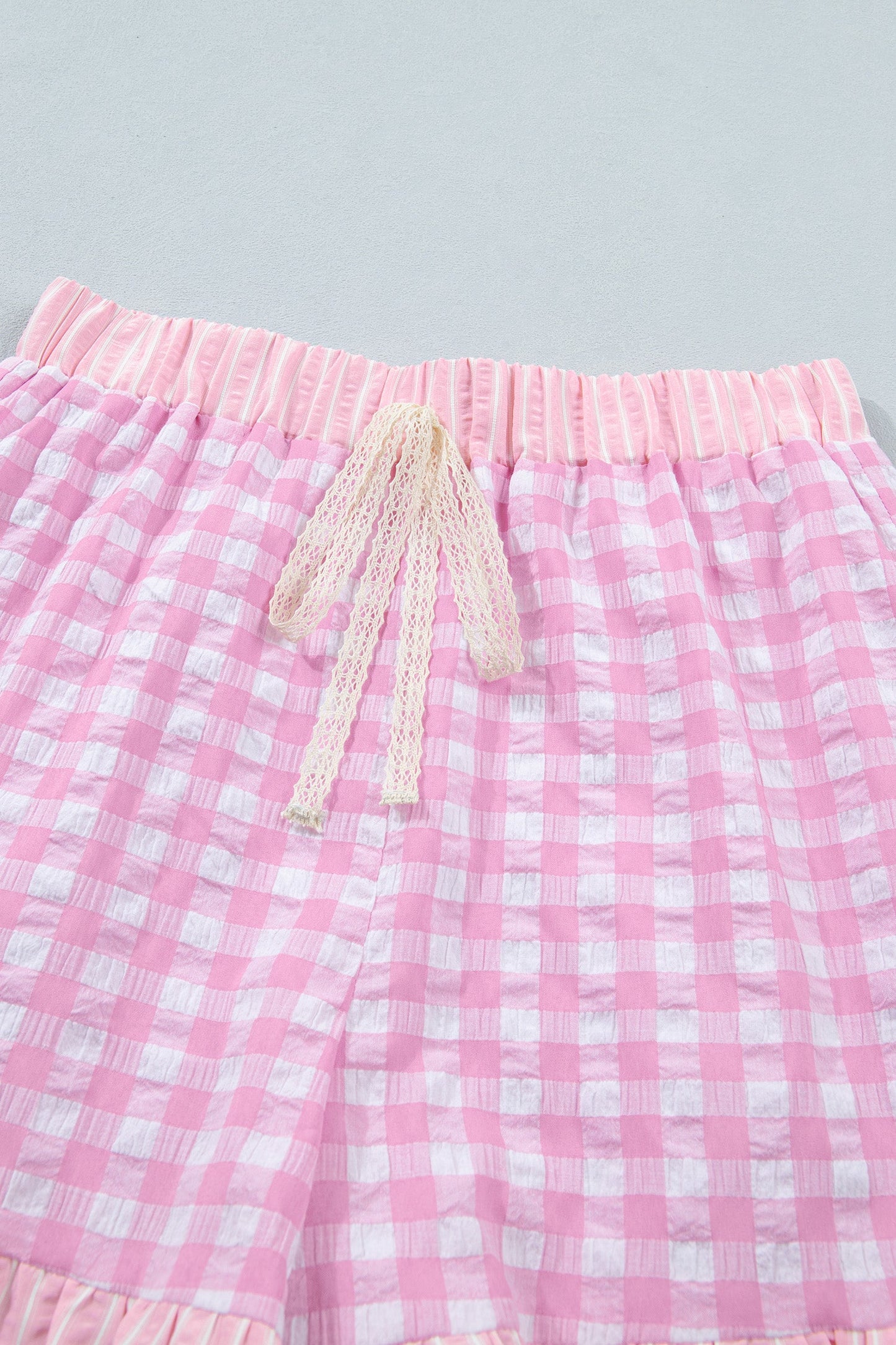 Gingham Ruffle Stripe Patchwork Lace Tie Shorts