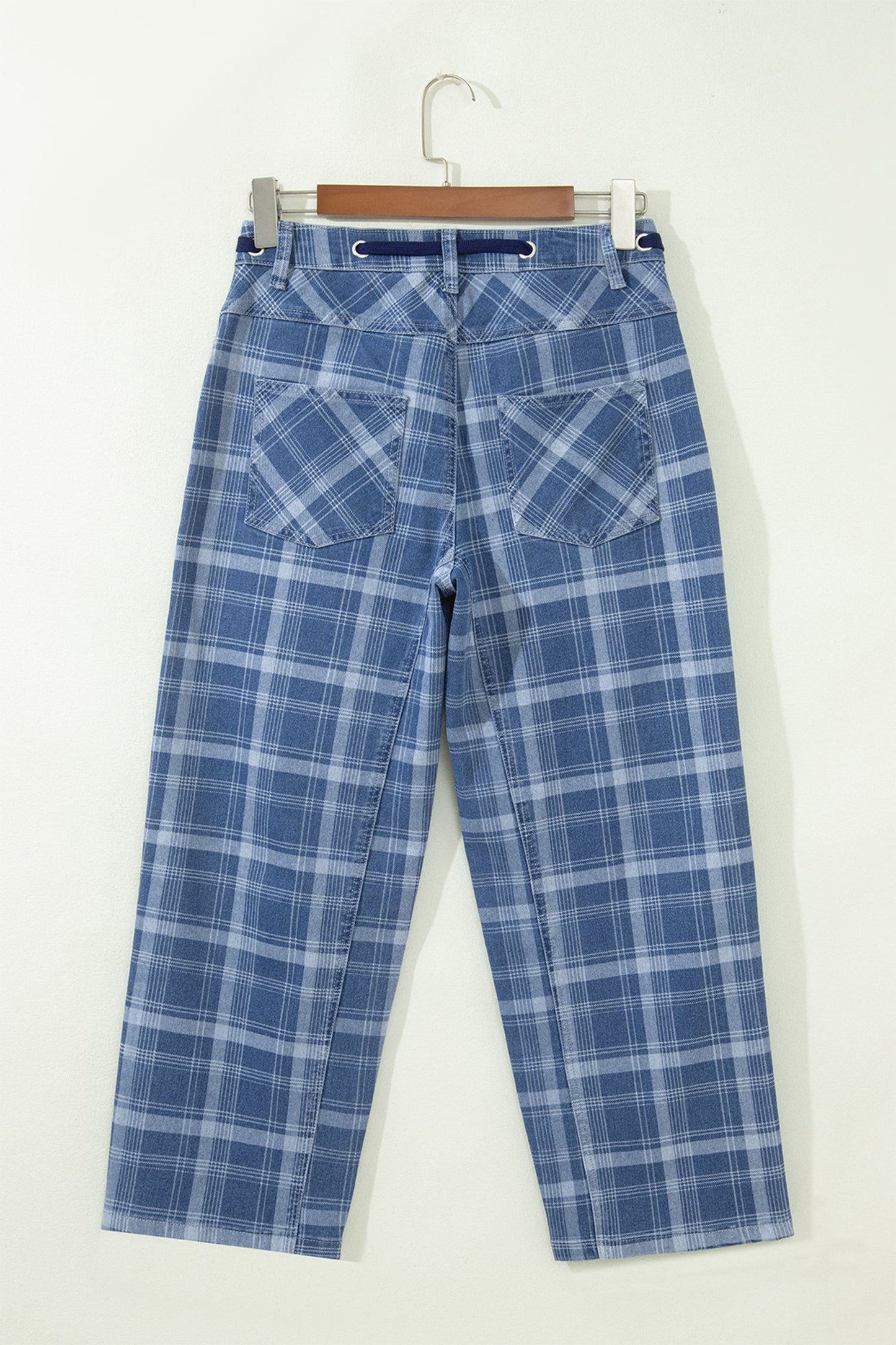 Denim Plaid Grommet Drawstring Waist Jeans